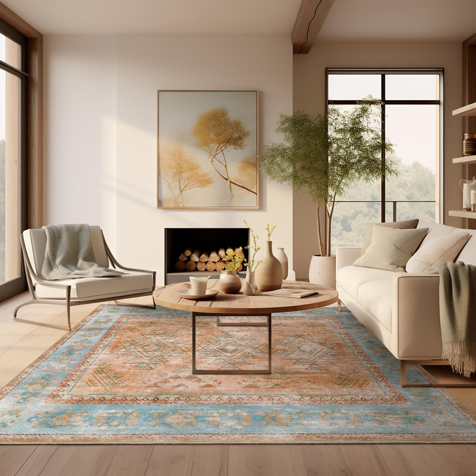 Ashler Boho Rug, 6x9 Area Rugs, Vintage Rugs, Large Area Rug, Rugs for Living Room, Bedroom, Kitchen, Dinner, Orange/Teal/Terrac