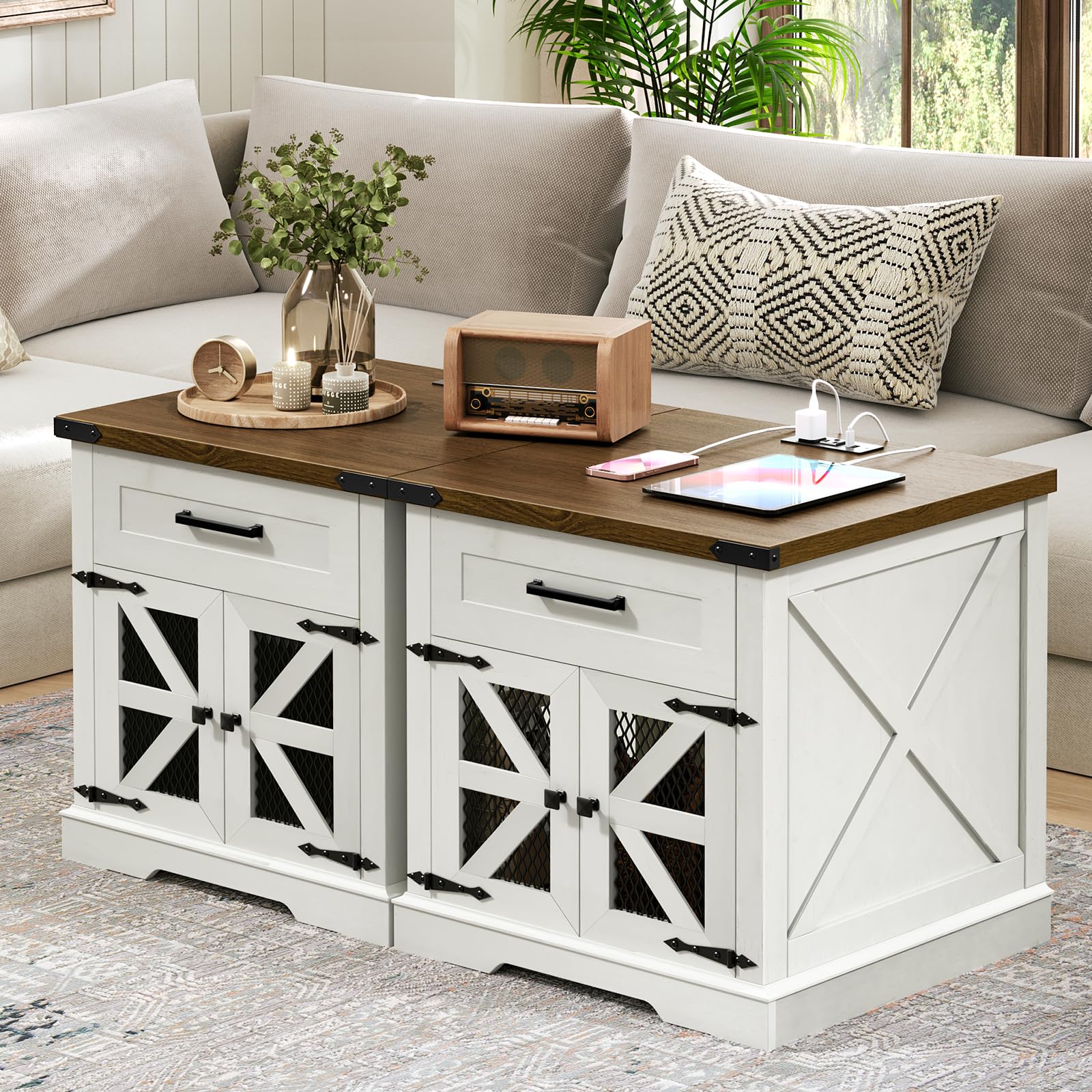 RALGEND White Farmhouse End Table Set of 2, 24 Large Sofa Side Table with Drawer, Large End Table for Living Room, Wooden Nights