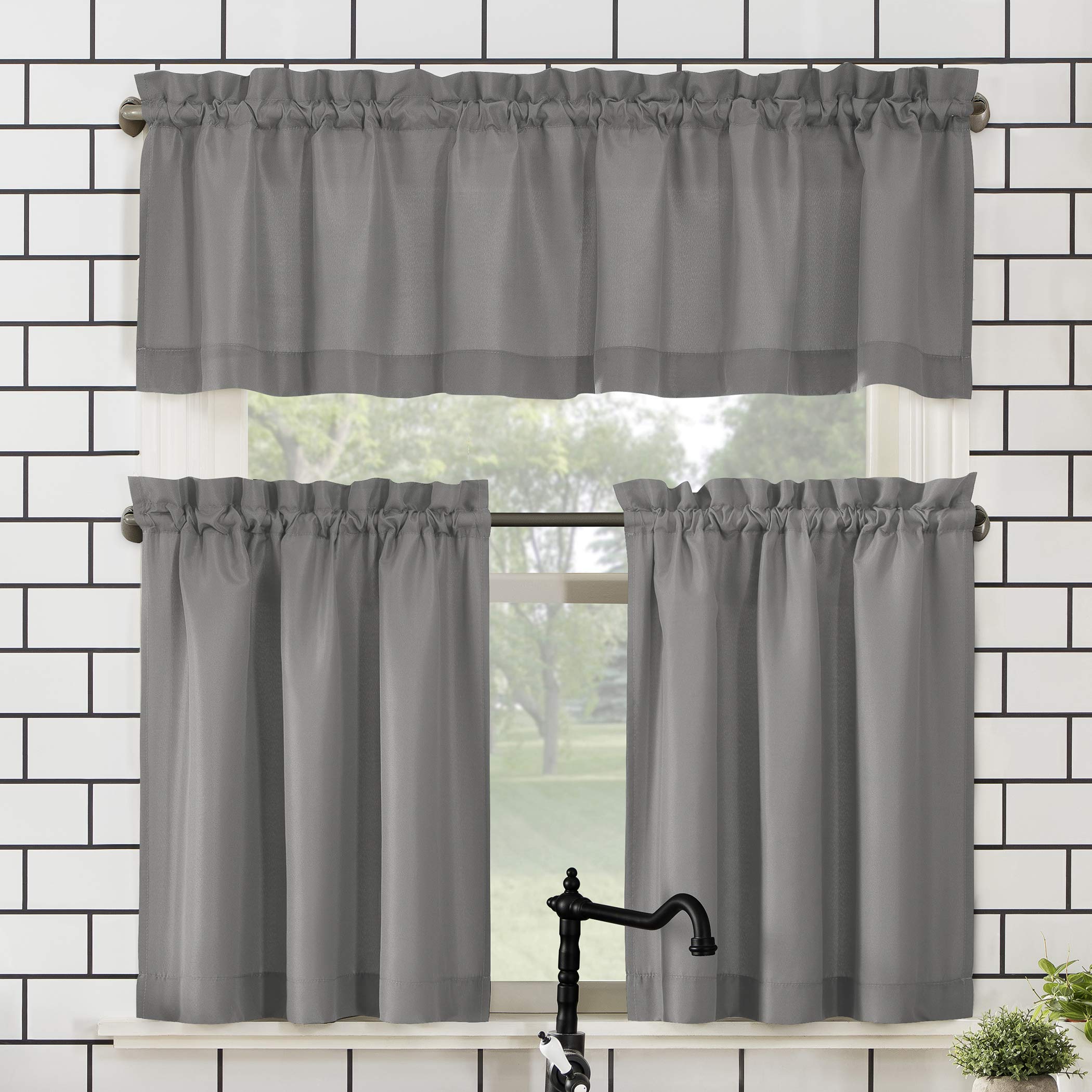 No. 918 Martine Microfiber Semi-Sheer Rod Pocket Kitchen Curtain Valance and Tiers Set, 54 x 24, Gray