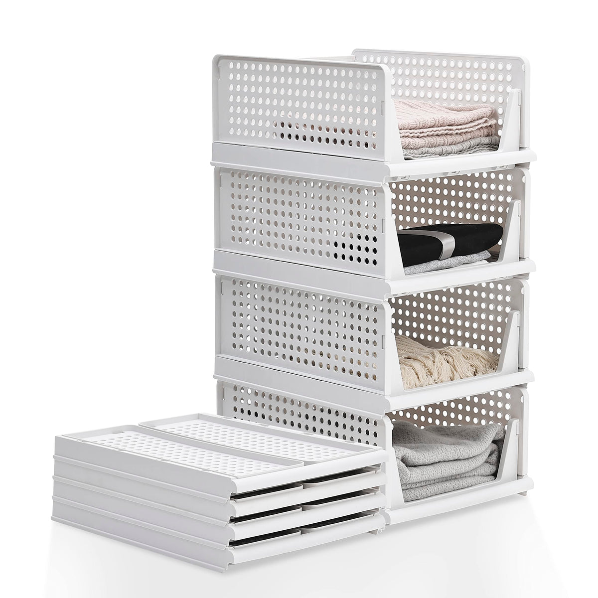 Wardrobe storage organiser, 4 Pack Wardrobe Storage Organiser Stackable Drawer Organizer Collapsible Storage Boxes for Shelves, 
