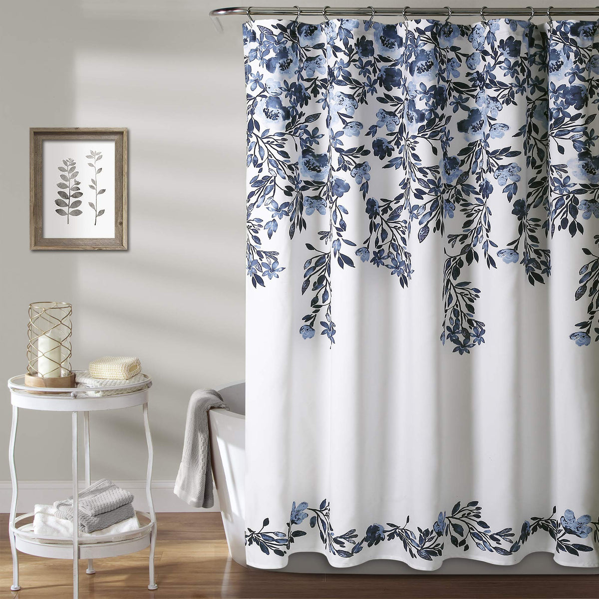 Lush Decor Tanisha Shower Curtain, 72' W X 72' L, Navy & White - Navy Blue Flower Vine Print - Beautiful & Elegant Floral Show