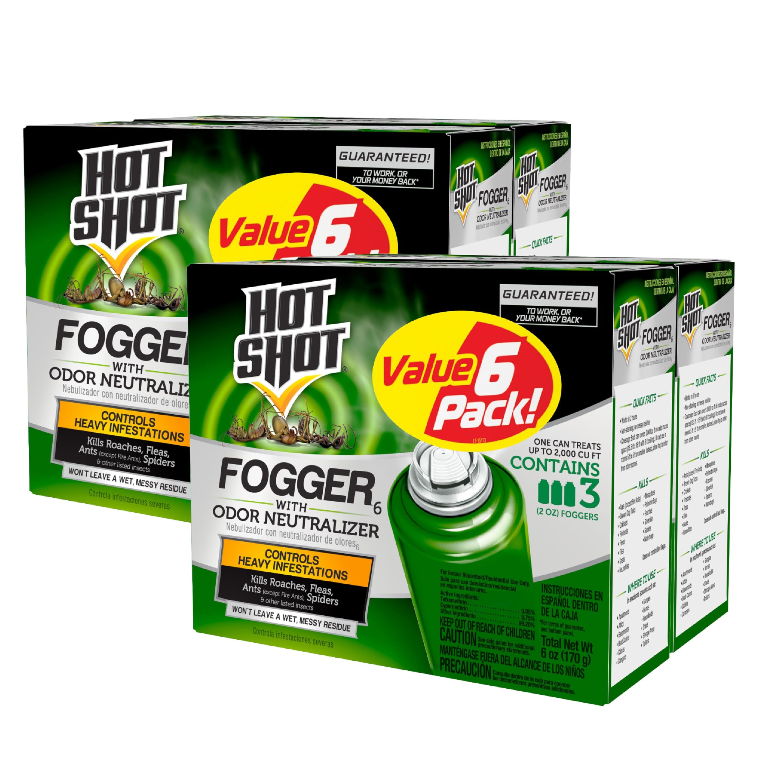 Hot Shot Fogger With Odor Neutralizer, Kills Roaches, Ants, Spiders & Fleas, Controls Heavy Infestations, 6 Count-2 Oz - Pack Of