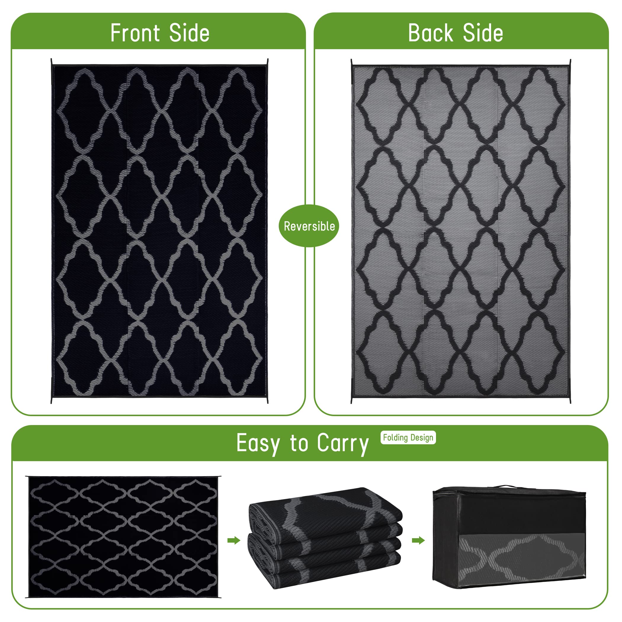 Easy-Going Reversible Outdoor Rugs 5X8Ft Waterproof Plastic Straw Rug Stain & Uv Resistant Floor Mat For Patio Porch Rv Backyard Pool Deck Picnic Beach Trailer Camping (Moroccan Black & Grey)