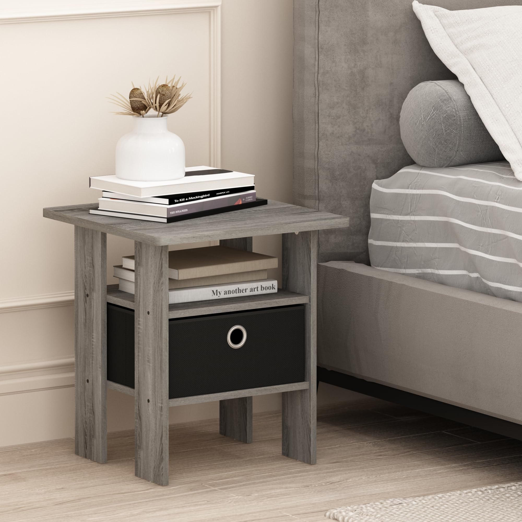 Furinno Andrey End Table / Side Table / Night Stand / Bedside Table With Bin Drawer, French Oak Grey/Black