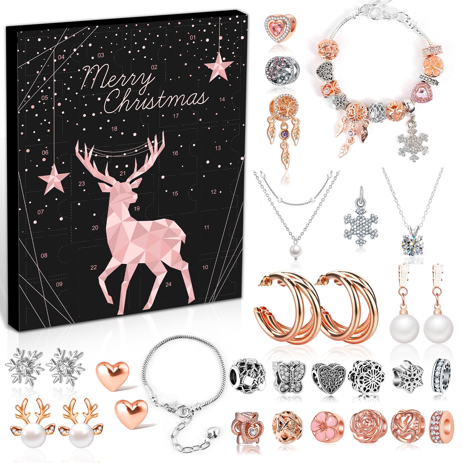 Jewelry Advent Calendar 2023 Teen Girls Women, Rose Gold and Silver Charm Bracelet Countdown Calendar and Fashion Jewerly Earrin