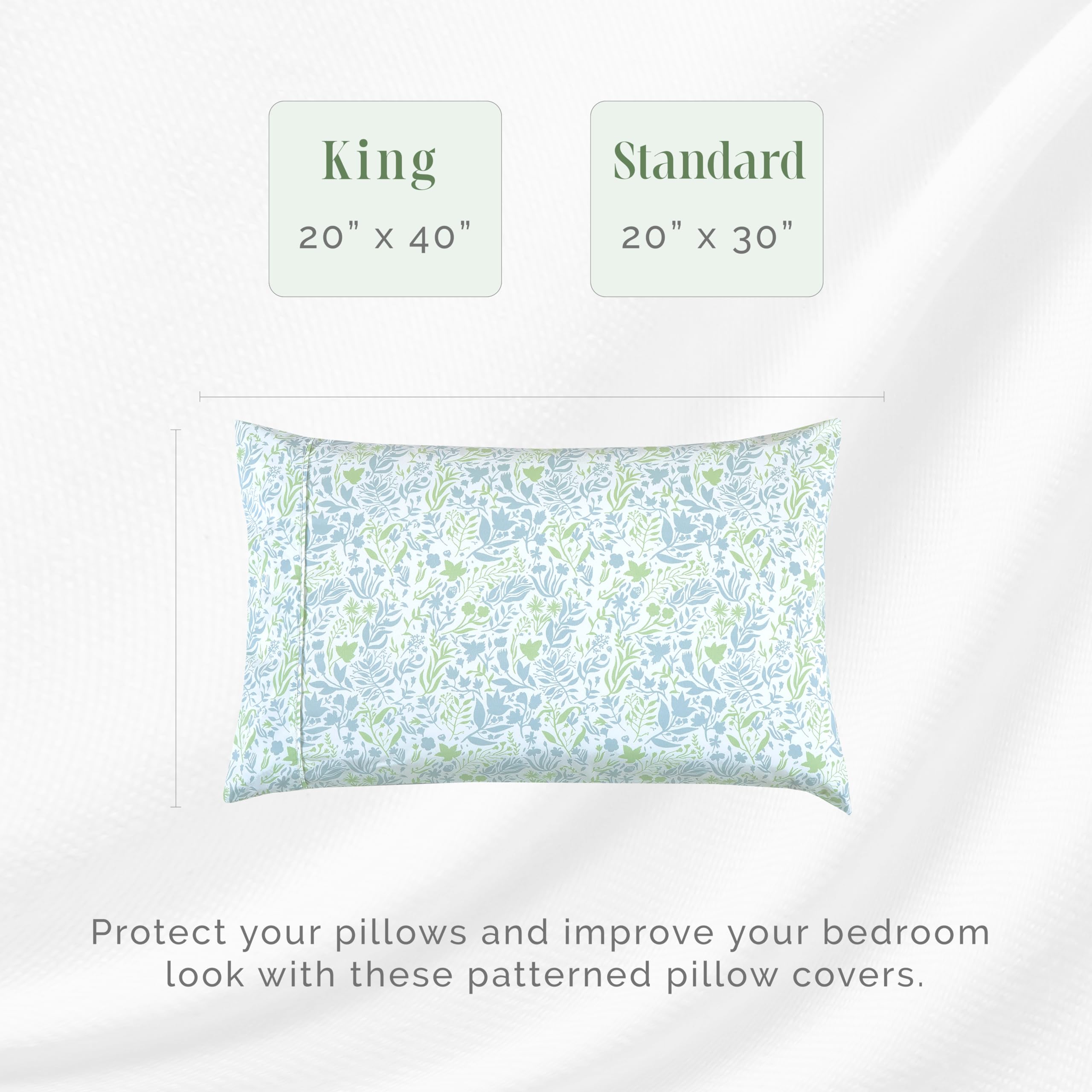 Elegant Comfort Ultra Soft Set Of 2 Floral Print Pillowcases - 1500 Premium Hotel Quality Microfiber, Soft And Smooth Envelope Closure 2-Piece Pillow Covers - King, Green Anita