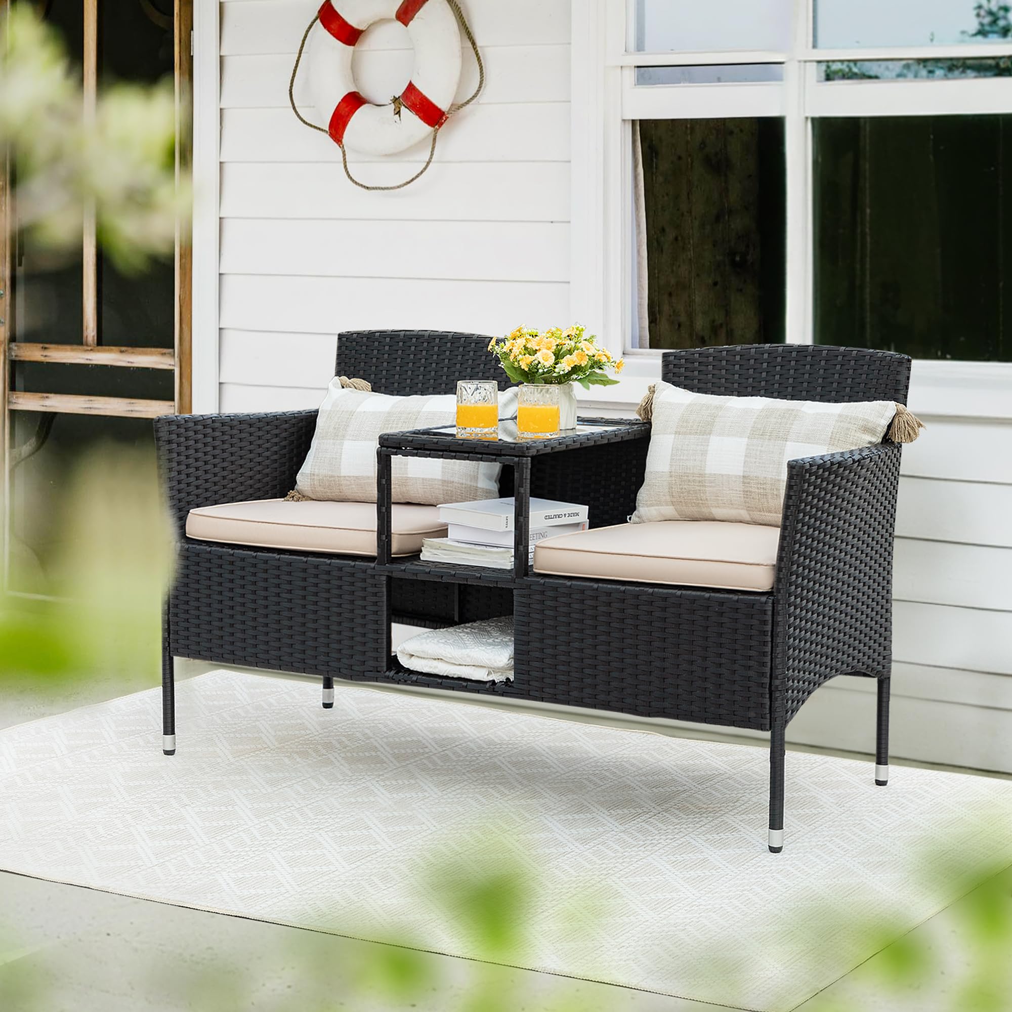 Flamaker Outdoor Furniture Patio Loveseat Wicker 2-Seat With Built-In Table And Cushions Rattan Porch Chairs Bench For Balcony, Lawn, Backyard (Beige)