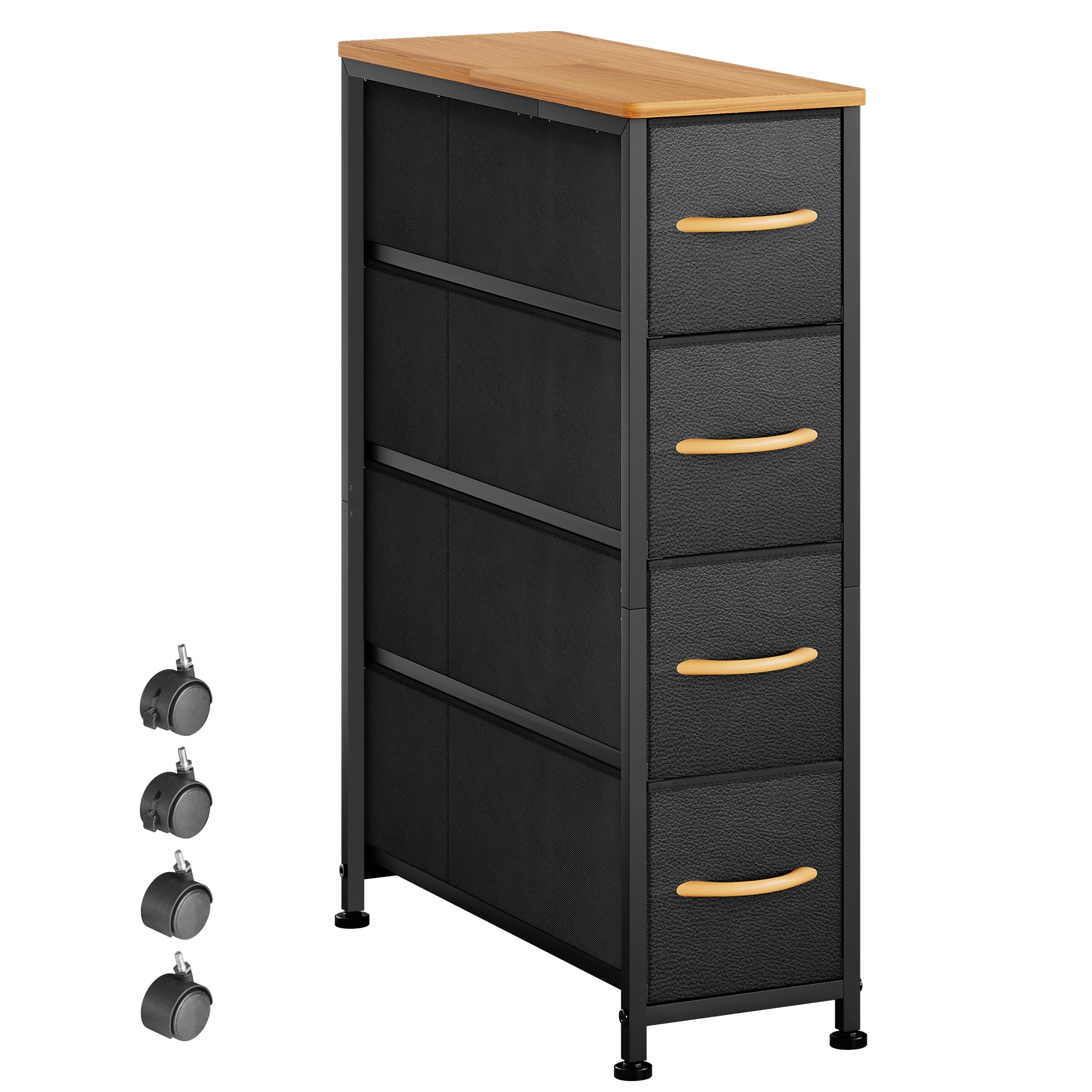 EKNKOZY Narrow Dresser Storage Tower with 4 Drawers, Slim Dresser Chest of Drawers with Steel Frame, Wood Top, Dresser for Bedro