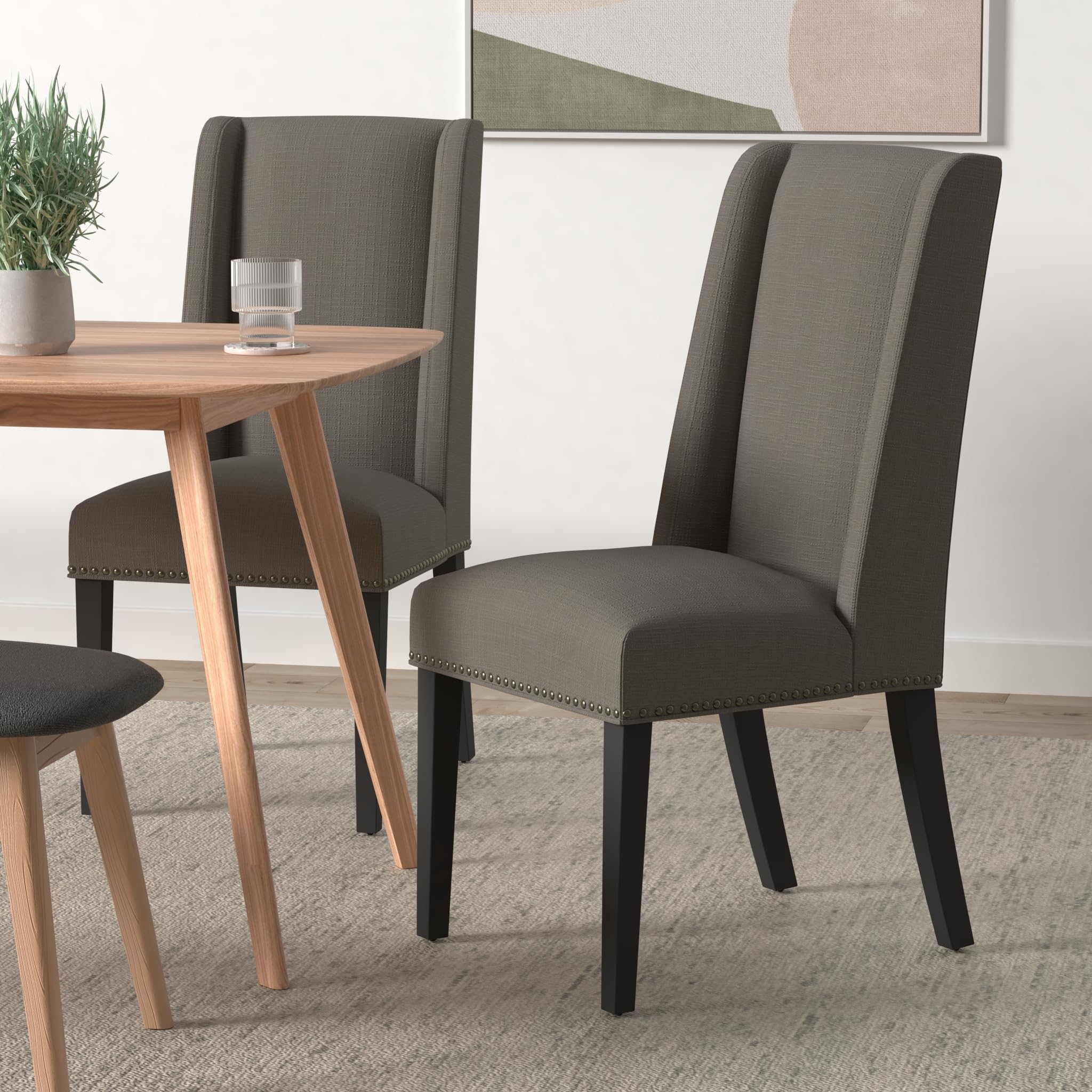 Modway Baron Modern Tall Back Wood Upholstered Fabric Four Dining Chairs In Granite