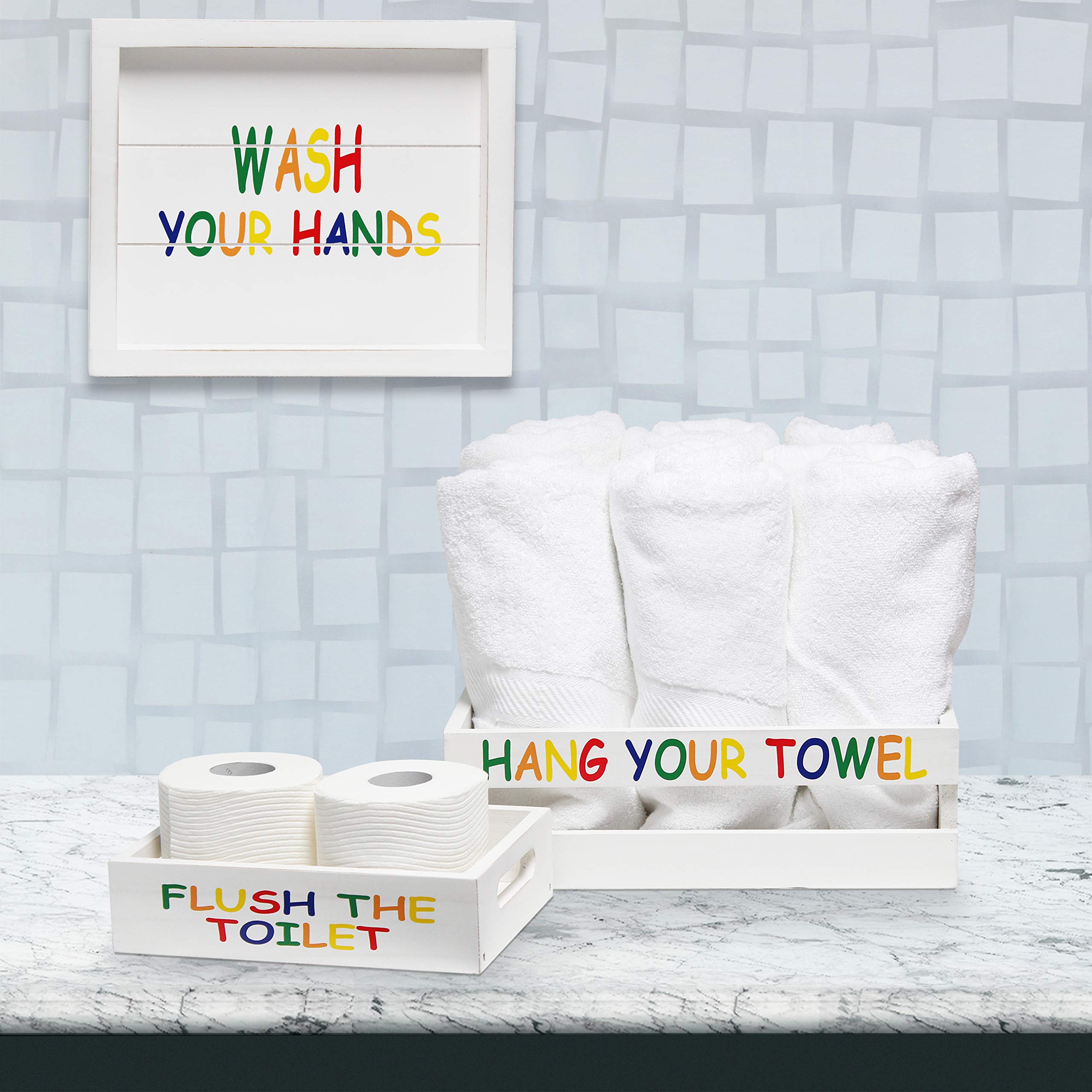 Elegant Designs Hg3100-Wkc 3 Piece Decorative Wood Bathroom Set White Wash Rainbow Colors Towel And Toilet Paper Storage Crate And Holder, Quote Frame, Kids/Small
