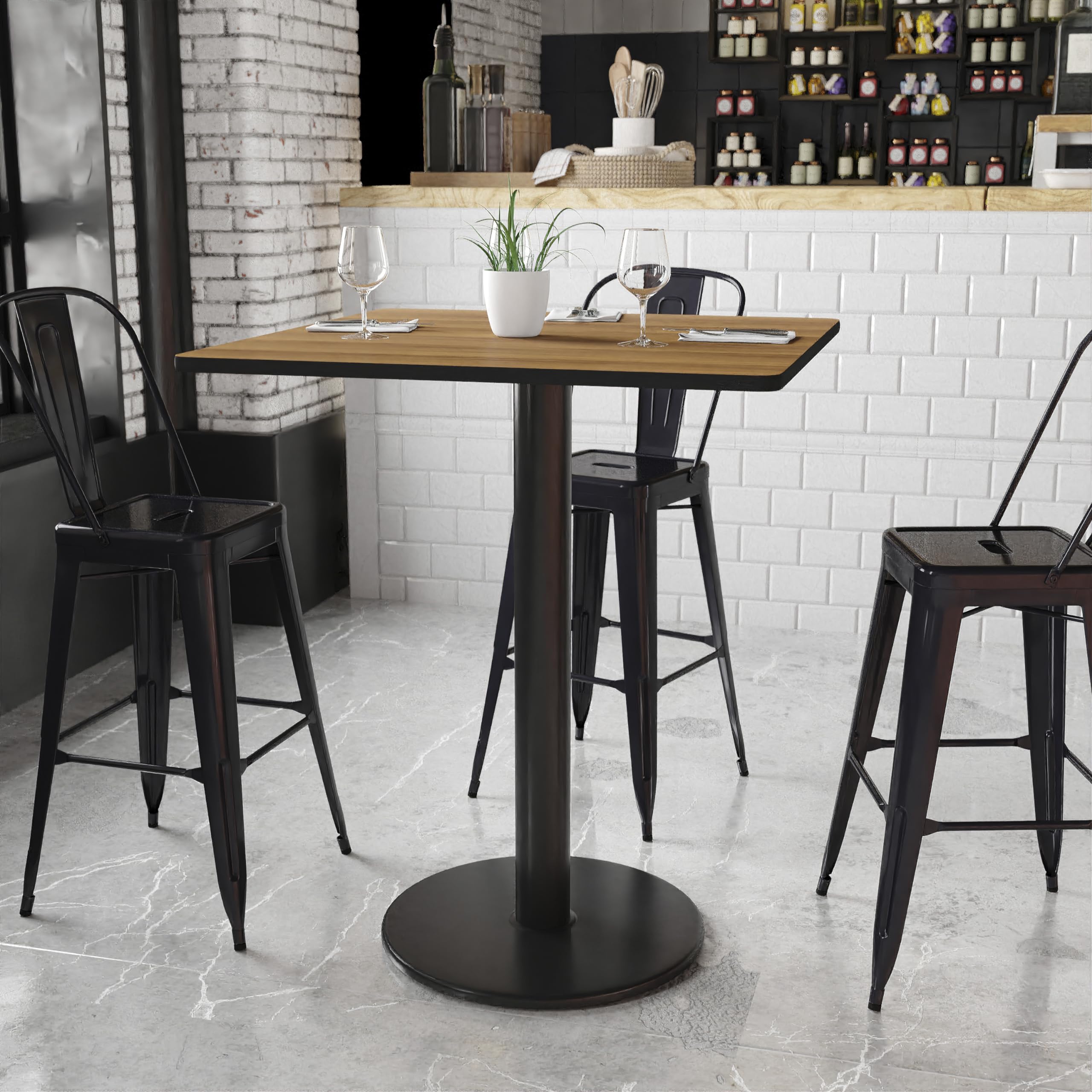 Flash Furniture Stiles 36'' Square Walnut Laminate Table Top With 24'' Round Bar Height Table Base