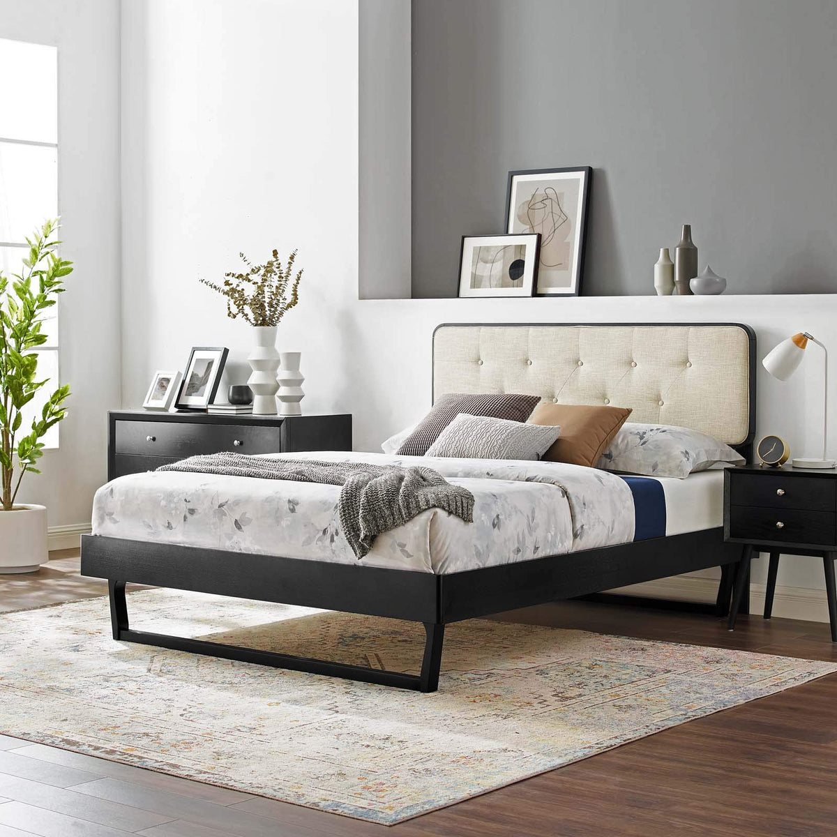 Modway Bridgette Wood Platform Bed With Angular Frame, King, Black Beige