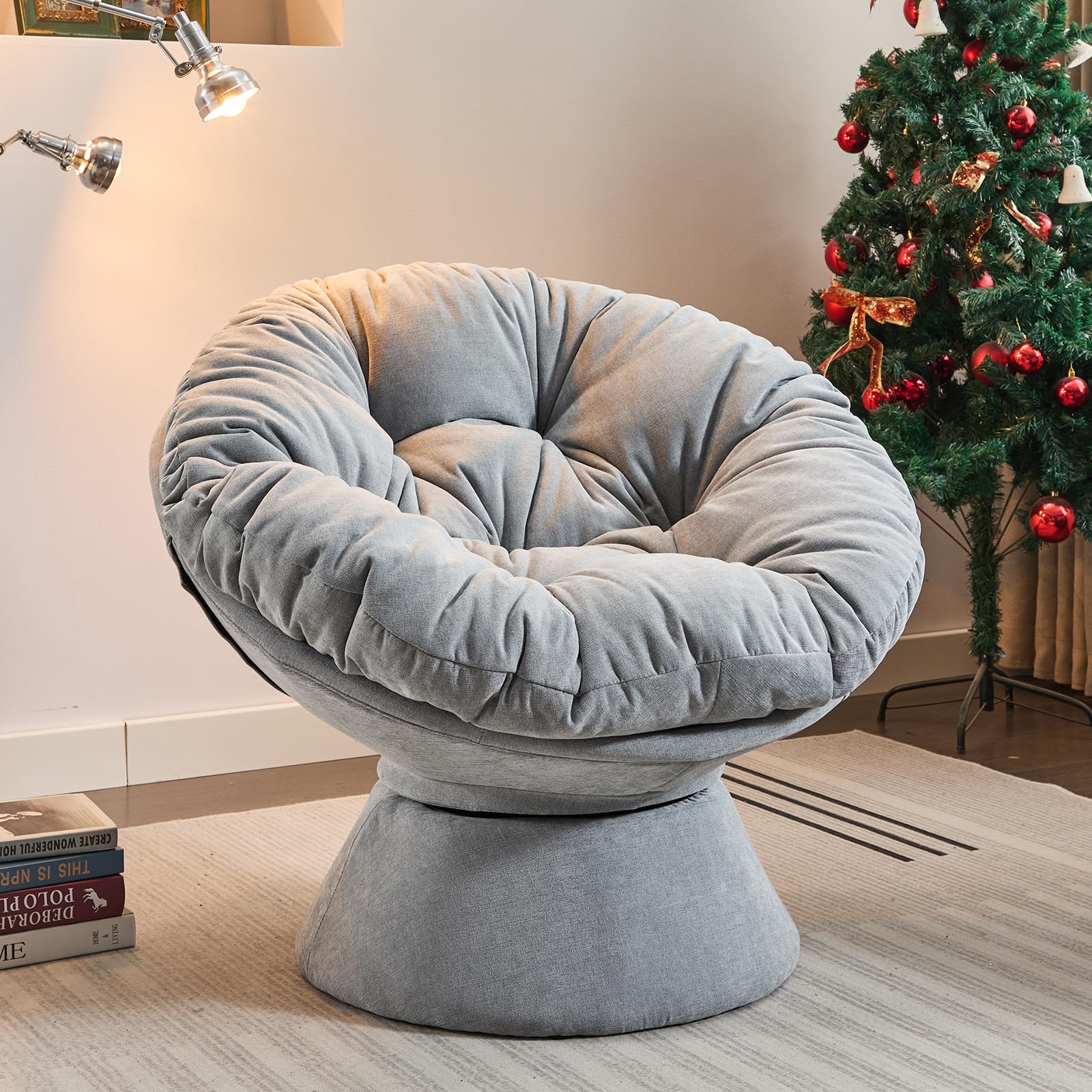 Papasan Chair with Cushion and Frame, 360 Swivel Accent Chair, Comfy Chenille Upholstered Round Modern Oversized Reading Lounger