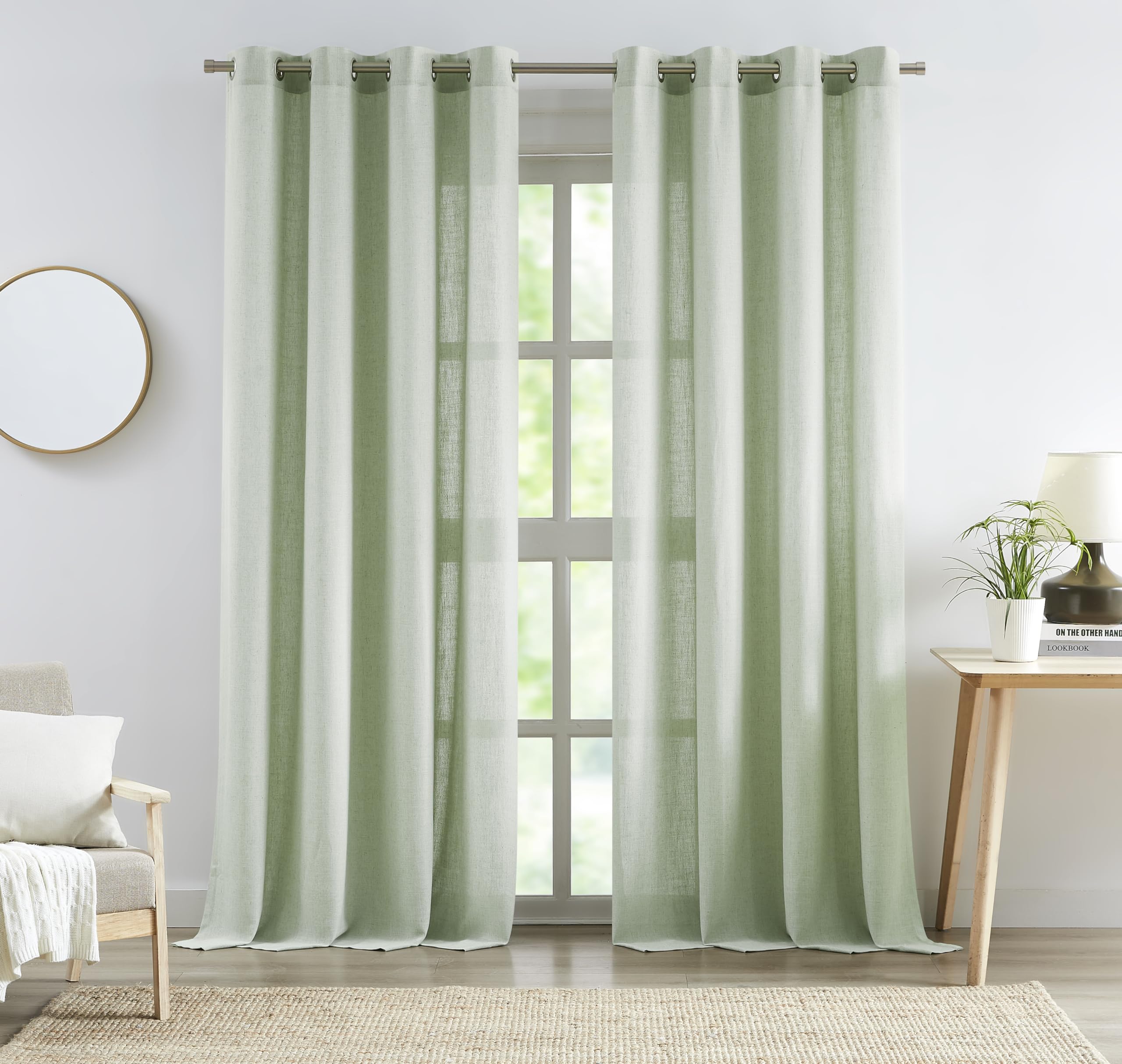 Central Park Green Linen Blend Semi Sheer Curtain Panel With 8 Grommets, Flax Farmhouse Rustic Light Filtering Window Treatment