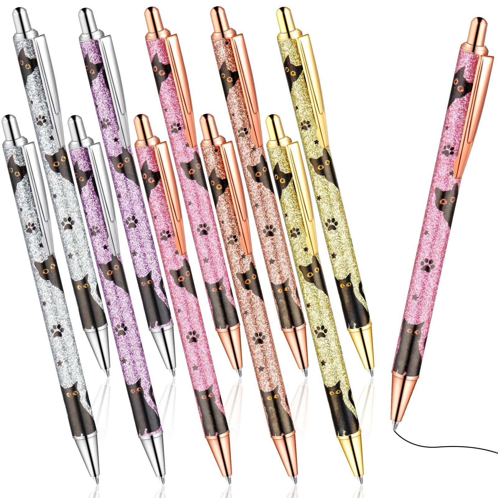 10 Pcs Cat Pens Sparkly Pretty Pens Cute Cat Kawaii Pens For Cat Lovers Fancy Gel Pens Metal Retractable Black Ink Ballpoints Fo