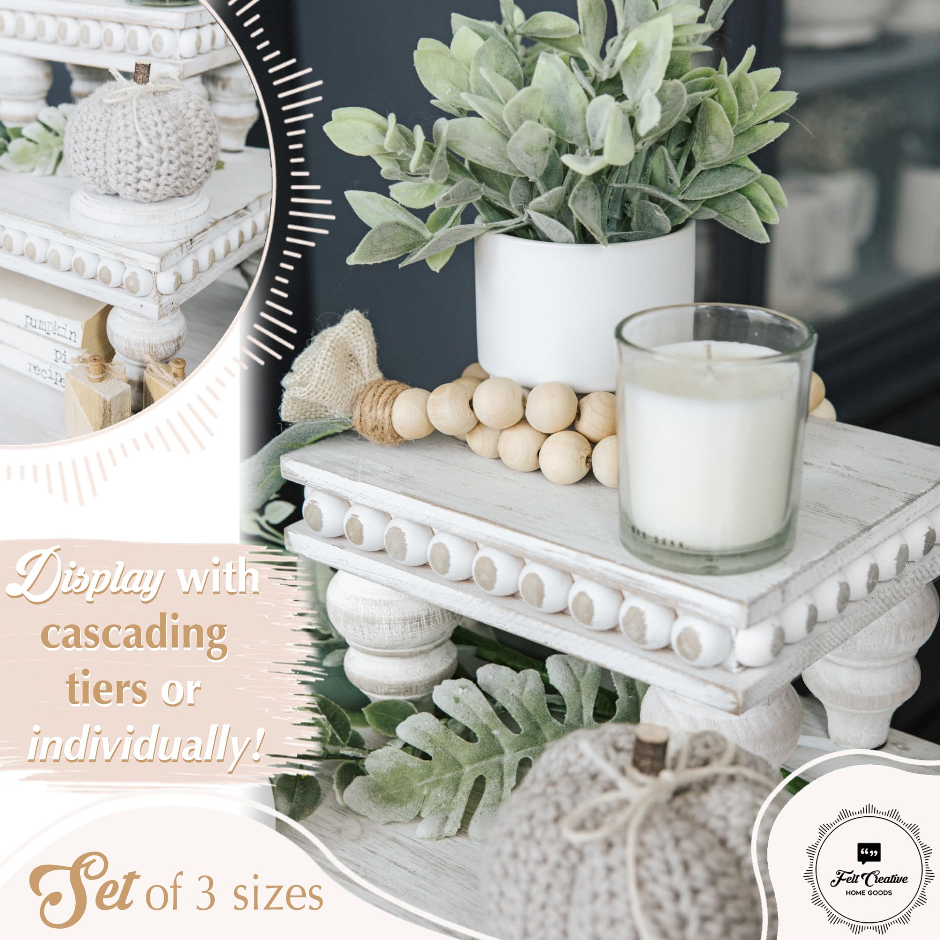 Decorative Tray [Set Of 3] Wooden Tiered Tray Stand Display Risers - Tiered Tray Decor For Tabletop Use, Kitchen Island, Coffee