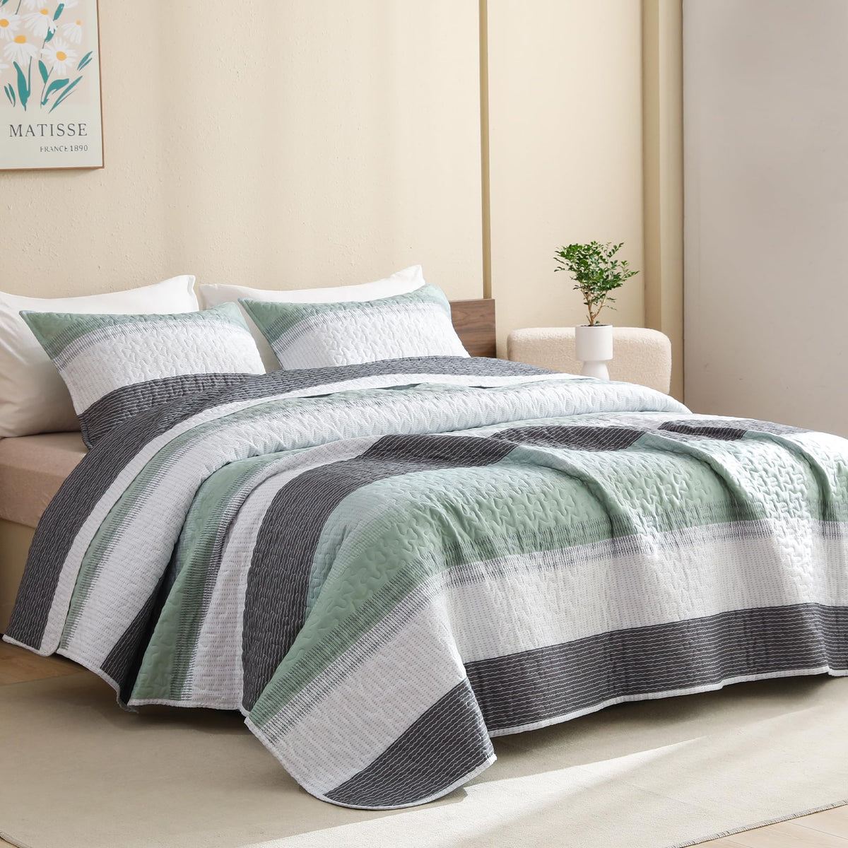 Litanika Oversized Queen Quilt Set Sage Green, 98X98 Stripe Bedspread Coverlet 3 Pieces, Sage Green Lightweight Quilted Bedding