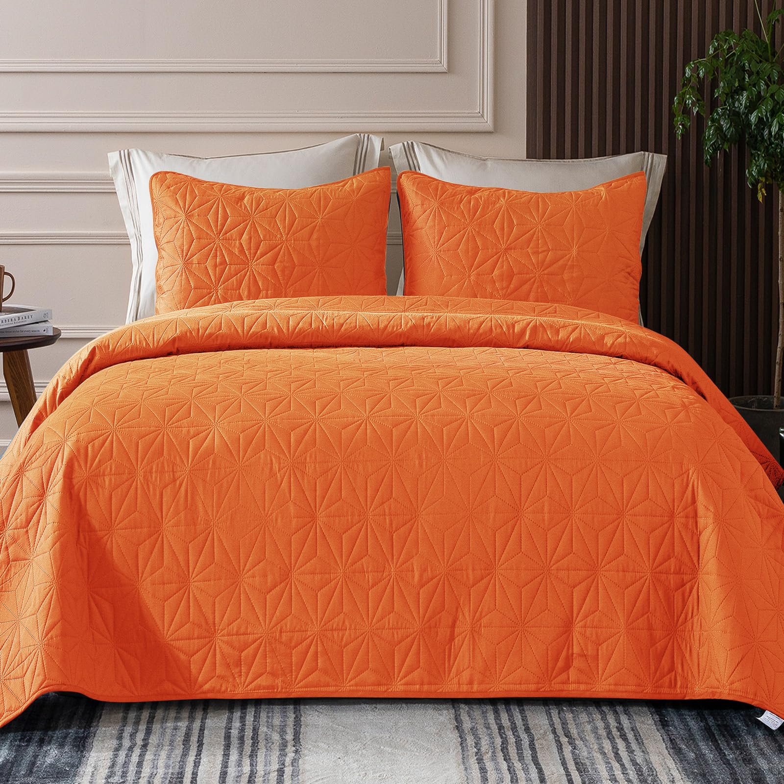 Whale Flotilla Twin Size Quilt Bedding Set, Soft Orange Twin Xl Quilts Bedspreads For All Seasons, Lightweight Geometric Star Pa