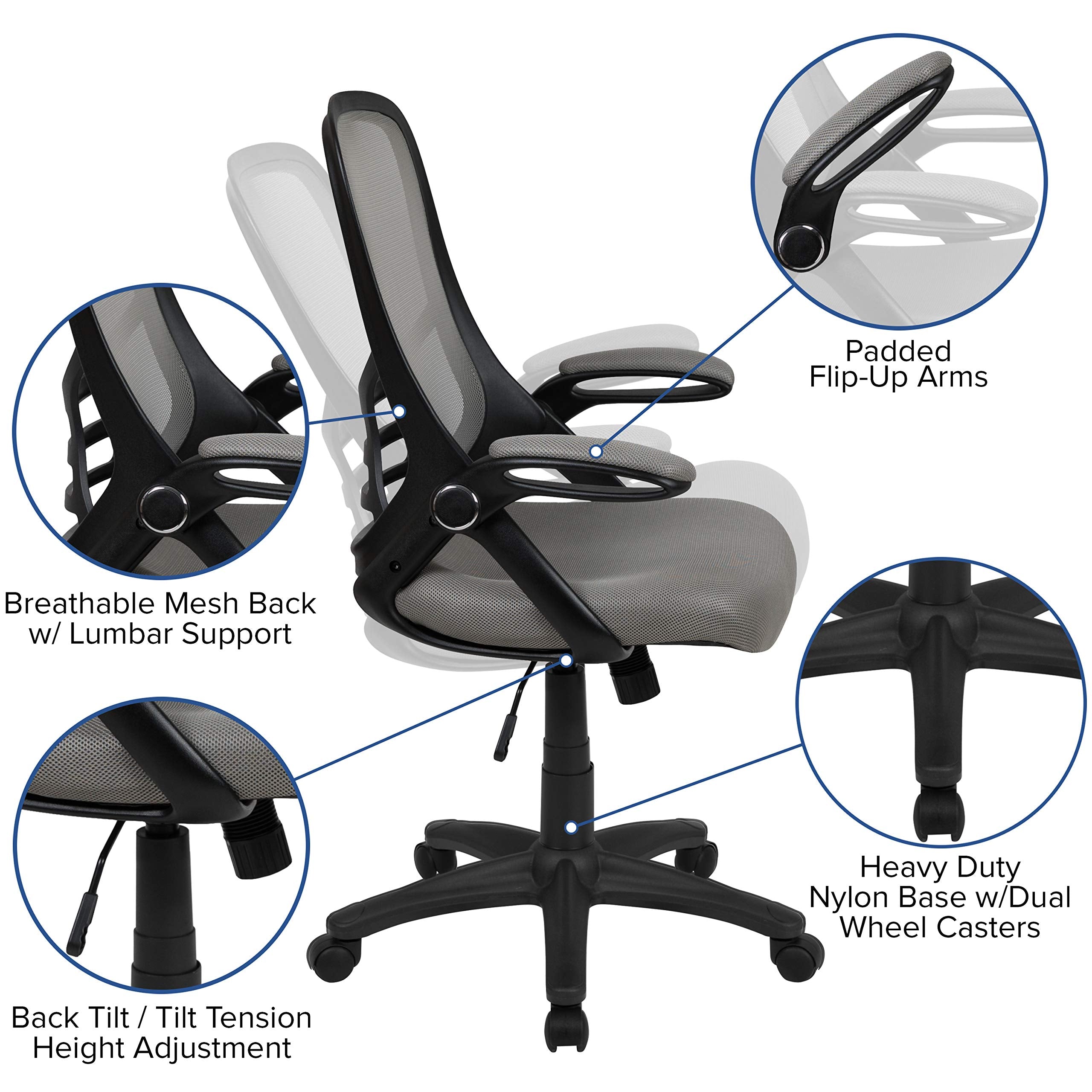 Flash Furniture Porter High-Back Swivel Office Chair With Adjustable Lumbar Support And Seat Height, Ergonomic Mesh Desk Chair With Flip-Up Armrests, Gray/Black