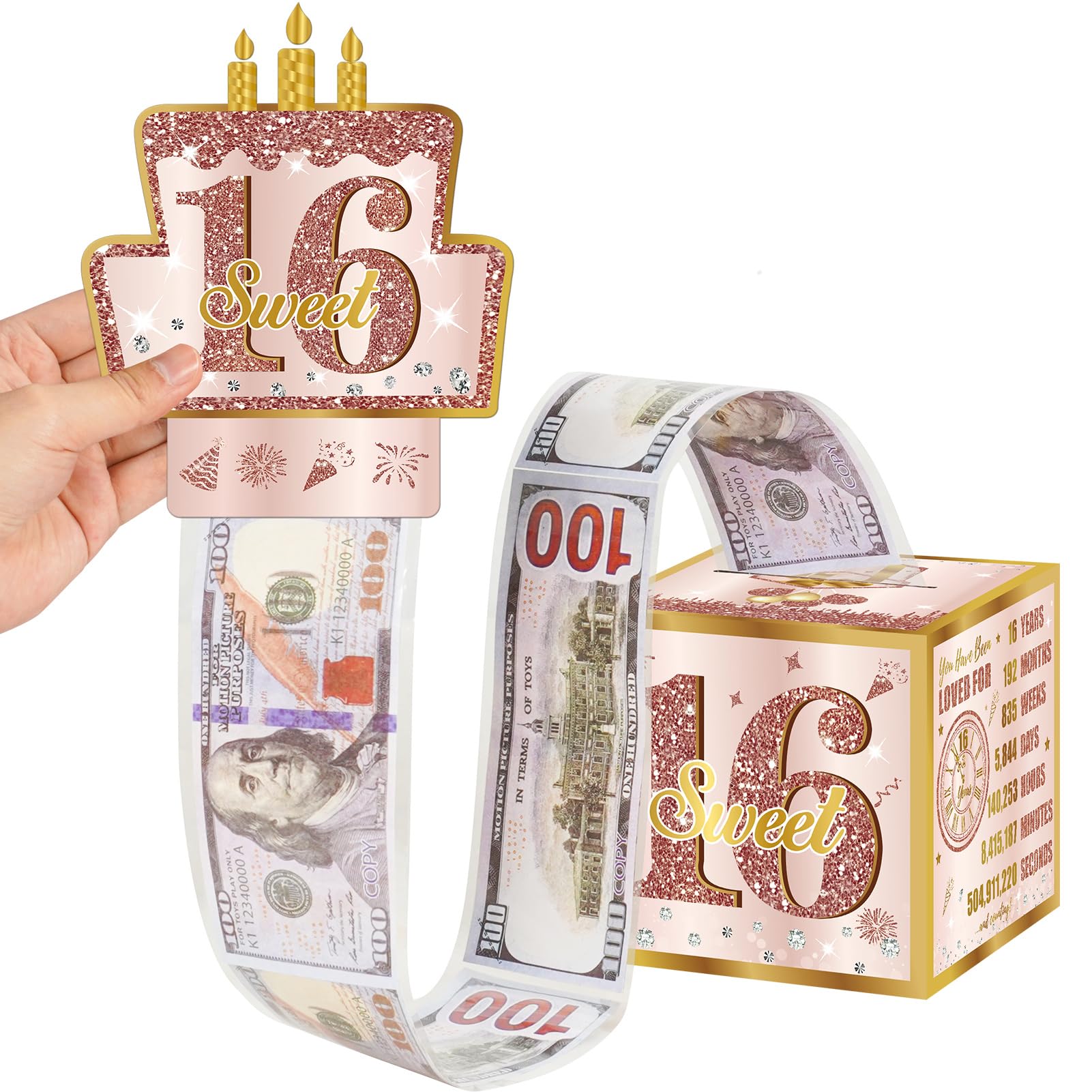 Turypaty Sweet 16Th Birthday Pull-Out Money Gift Box For Girls - Pink Rose Gold Happy Sixteen 16Th Birthday Party Cash Gift Box
