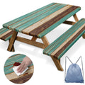 Nesphy Teal Brown Wooden Picnic Table Cover With Bench Covers, Vintage Retro Wood Board Outdoor Camping Essentials 6Ft 3Pcs Fitt