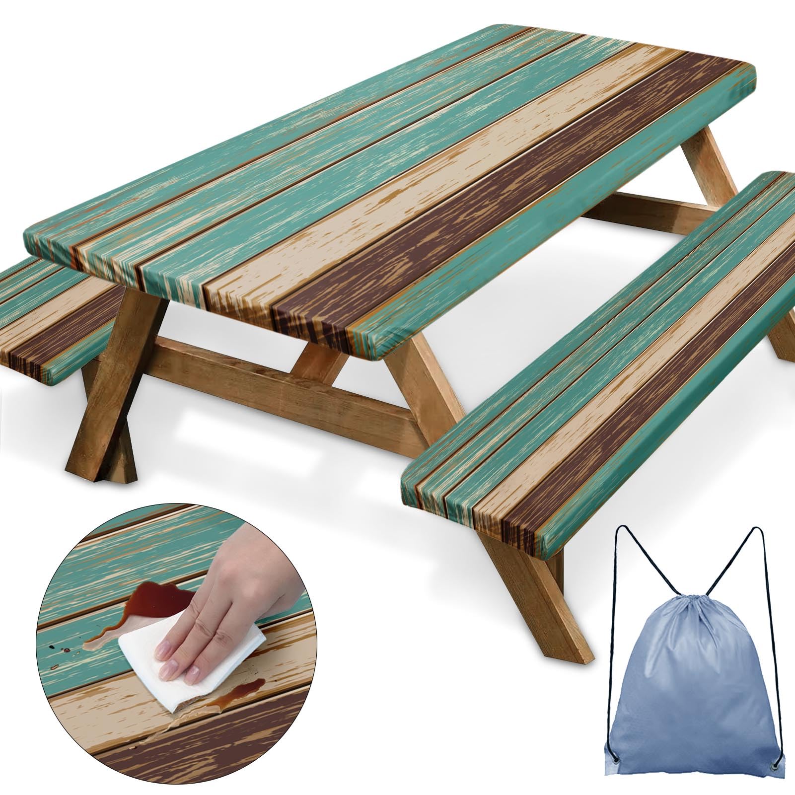 Nesphy Teal Brown Wooden Picnic Table Cover With Bench Covers, Vintage Retro Wood Board Outdoor Camping Essentials 6Ft 3Pcs Fitt