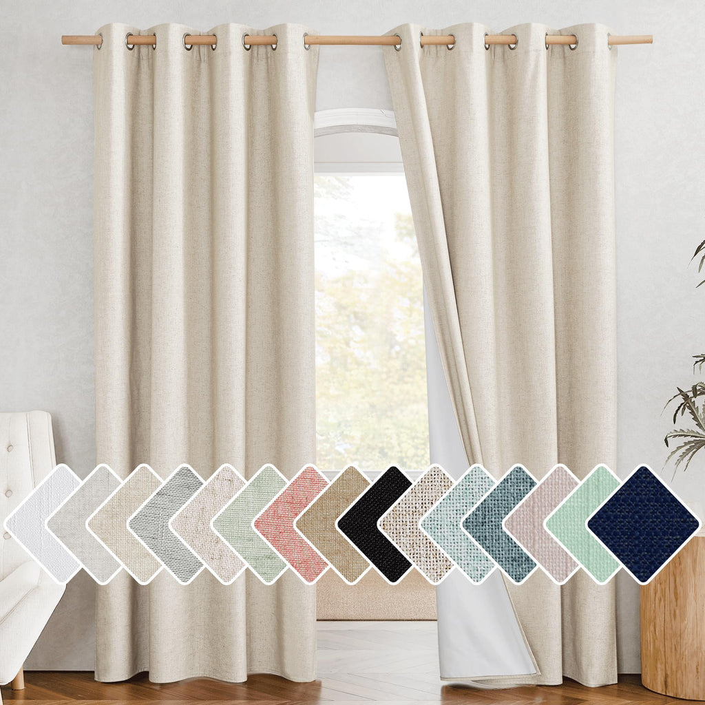 Nicetown 100% Absolutely Blackout Linen Curtains With Thermal Insulated White Liner, 52' Wide, 2 Panels, 84 Inches Long Drapes, Grommet Retro Beige Linen Curtains Vertical Drapes Privacy For Bedroom