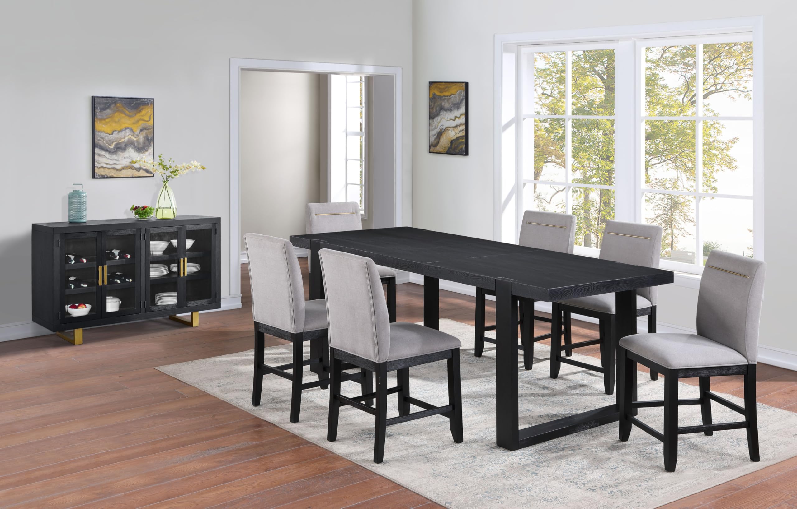 Steve Silver Furinture Yves 10pc Dining Table Set, 77-95" Table w/ 18" Leaf, 8 Yves Performance White Side Chairs, 60 Yves Server w/ 4 Glass Doors, 4 Storage Shelves, 77"L x 40"W x 30"H, Black, White