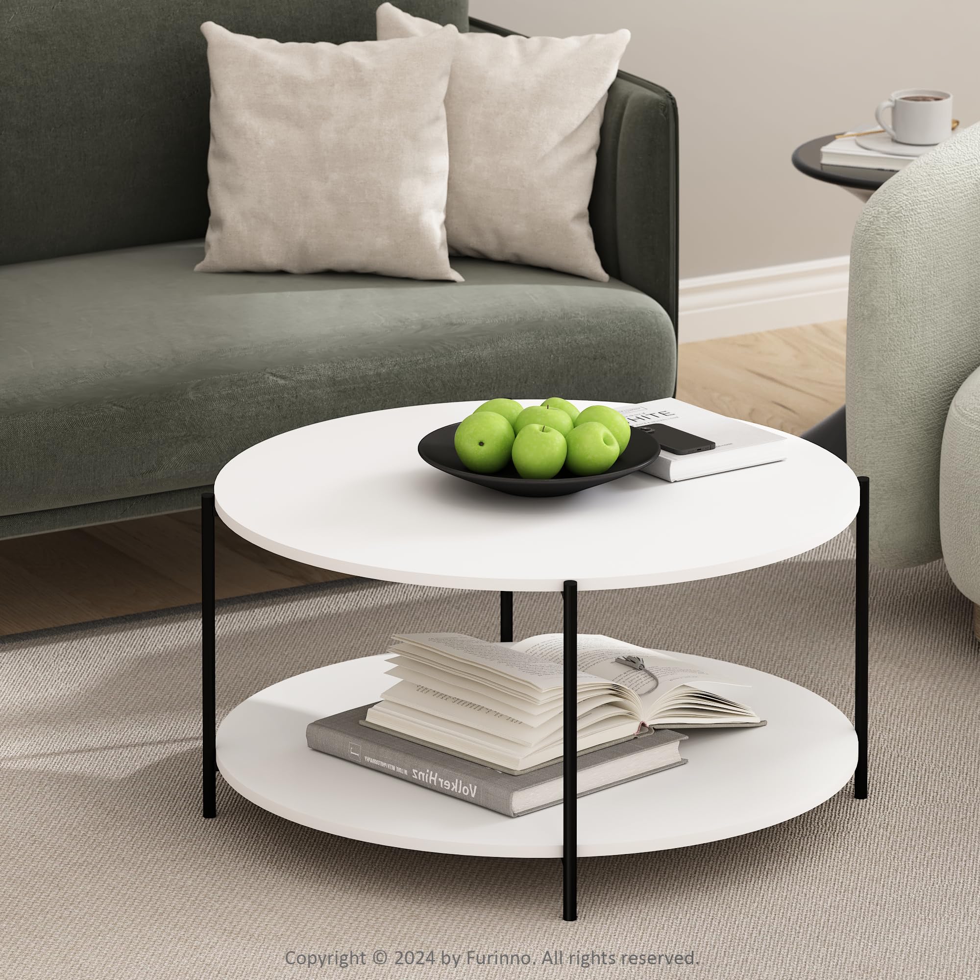 Furinno Besi 2-Tier Modern Round Coffee Table Table with Sturdy Metal Legs, White/Black