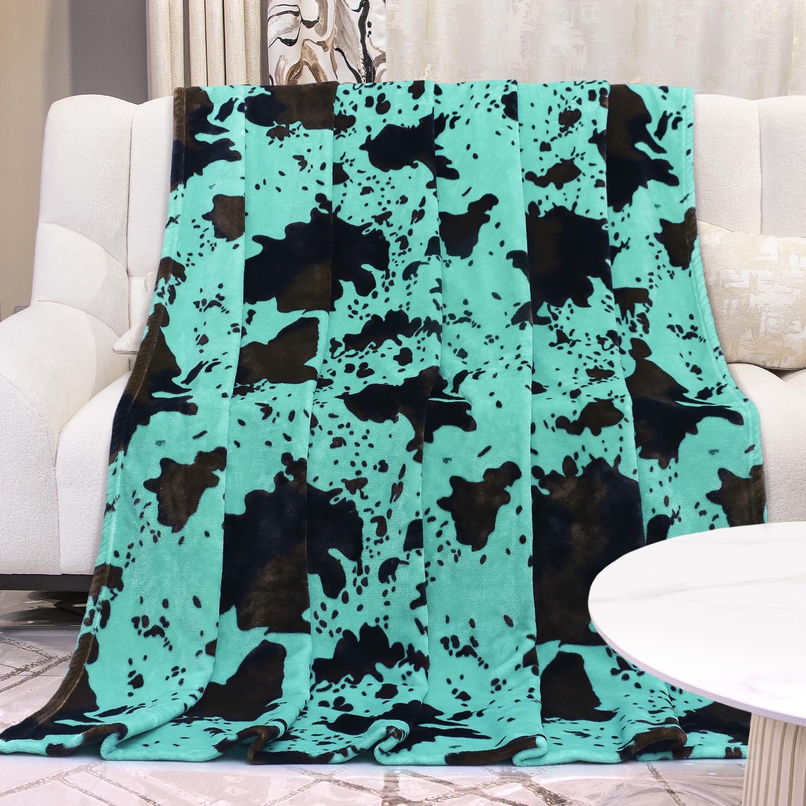 Geulay Plush Teal Blue Blanket Twin Bed Blanket Sea Blue Green Highland Cow Print Couch Blanket Turquoise Fleece Blanket Stuff F