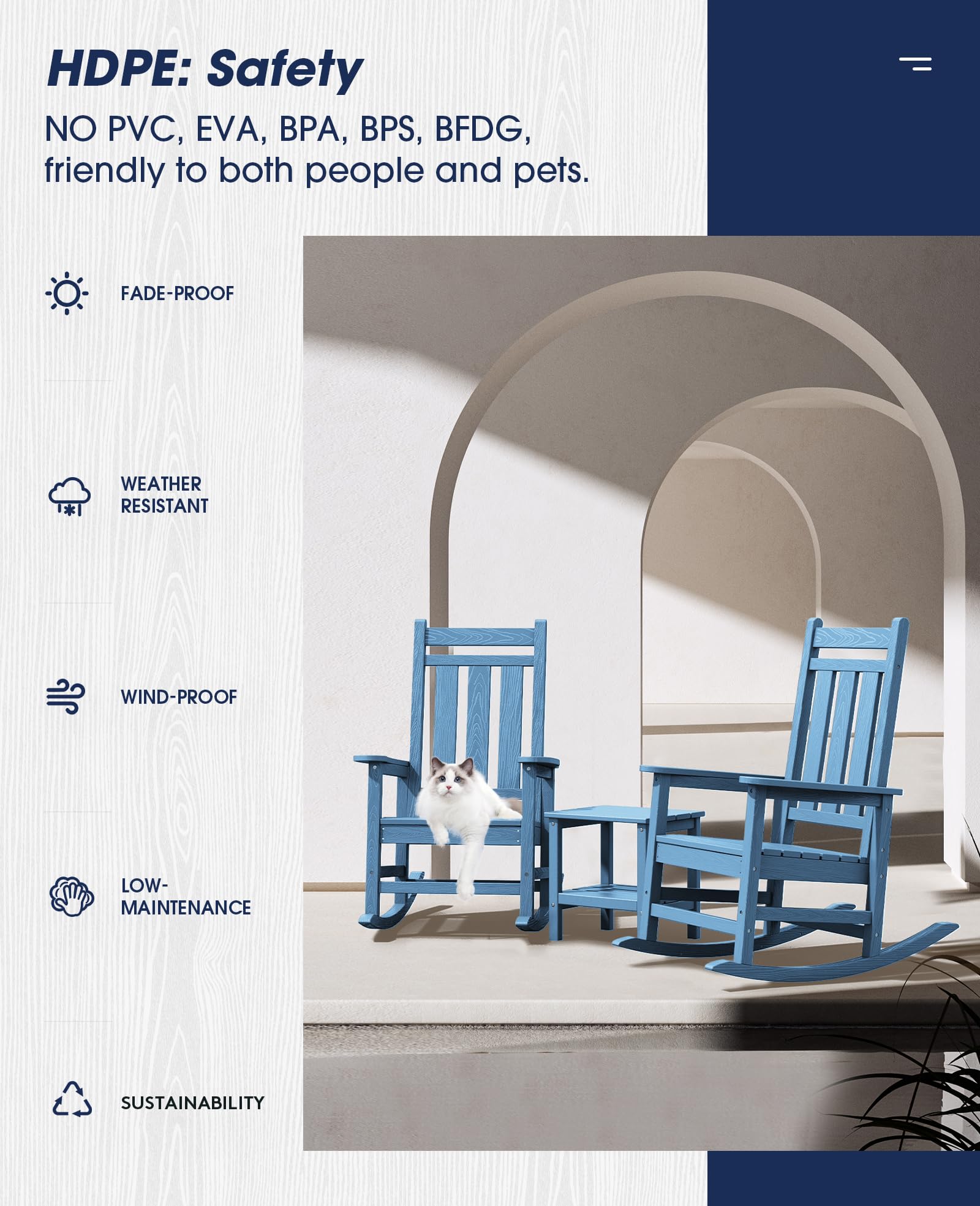 Kingyes Outdoor Patio Rocking Chair Set Of 2, Weather Resistant Oversized Porch Rocker, High Back Outdoor Rocking Chair For Adult, Outdoor Rocker With 330Lbs Support(Plum Rocker)- Blue