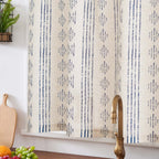 Jinchan Boho Kitchen Curtain Linen Tier Curtain Bohemian Cafe Curtain 24 Inch Geometric Striped Small Window Curtain Light Filtering Farmhouse Country Rustic For Bathroom Rv 1 Panel Blue On Beige
