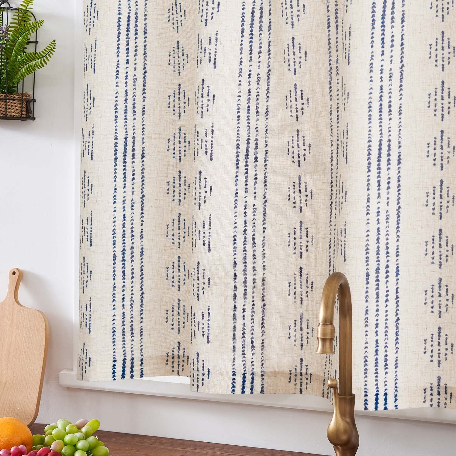 Jinchan Boho Kitchen Curtain Linen Tier Curtain Bohemian Cafe Curtain 24 Inch Geometric Striped Small Window Curtain Light Filtering Farmhouse Country Rustic For Bathroom Rv 1 Panel Blue On Beige