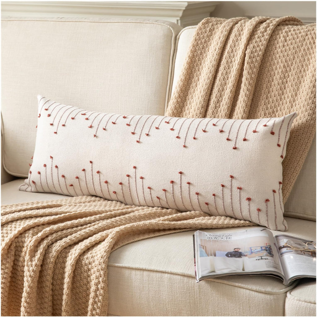 Caflife Boho Lumbar Pillow Cover 14x36 Long Pack of 1 Decorative Pillows Bed, Beige with Rust Body Throw Pillow Covers, for Mode