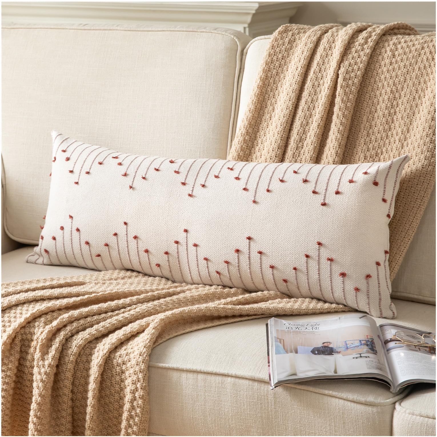 Caflife Boho Lumbar Pillow Cover 14x36 Long Pack of 1 Decorative Pillows Bed, Beige with Rust Body Throw Pillow Covers, for Mode