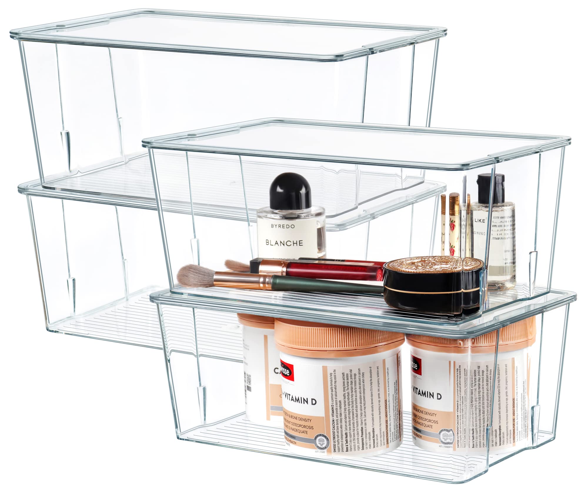 Hudgan Clear Plastic Storage Organizer Bins with Acrylic Lids for Home Office, Kitchen, Cupboard, Pantry Shelves, Medicine Cabin