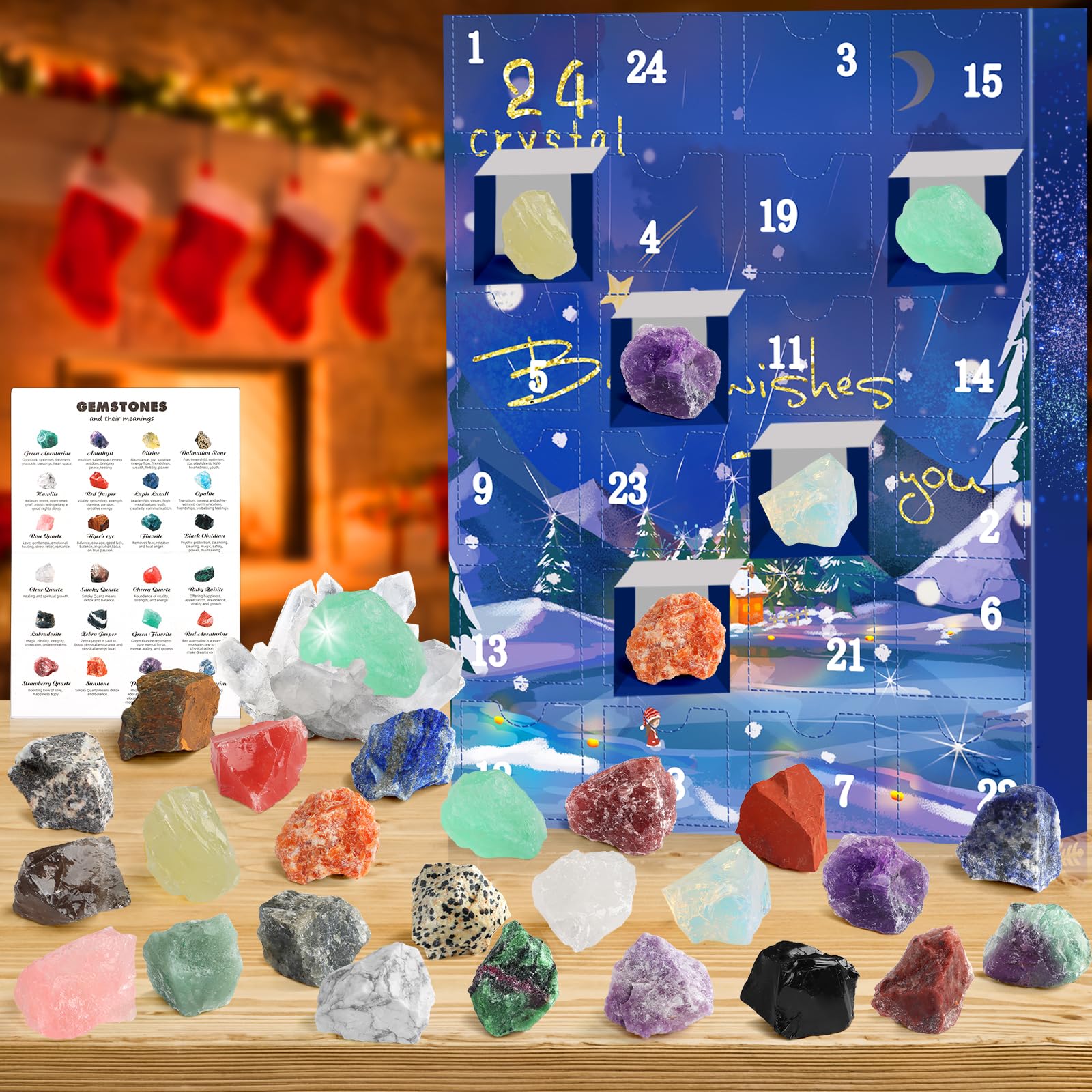 JELMOK Advent Calendar 2024, 24 Days Natural Healing Crystal Gemstones Minerals & Fossils Advent Calendar Crystals Christmas Cal