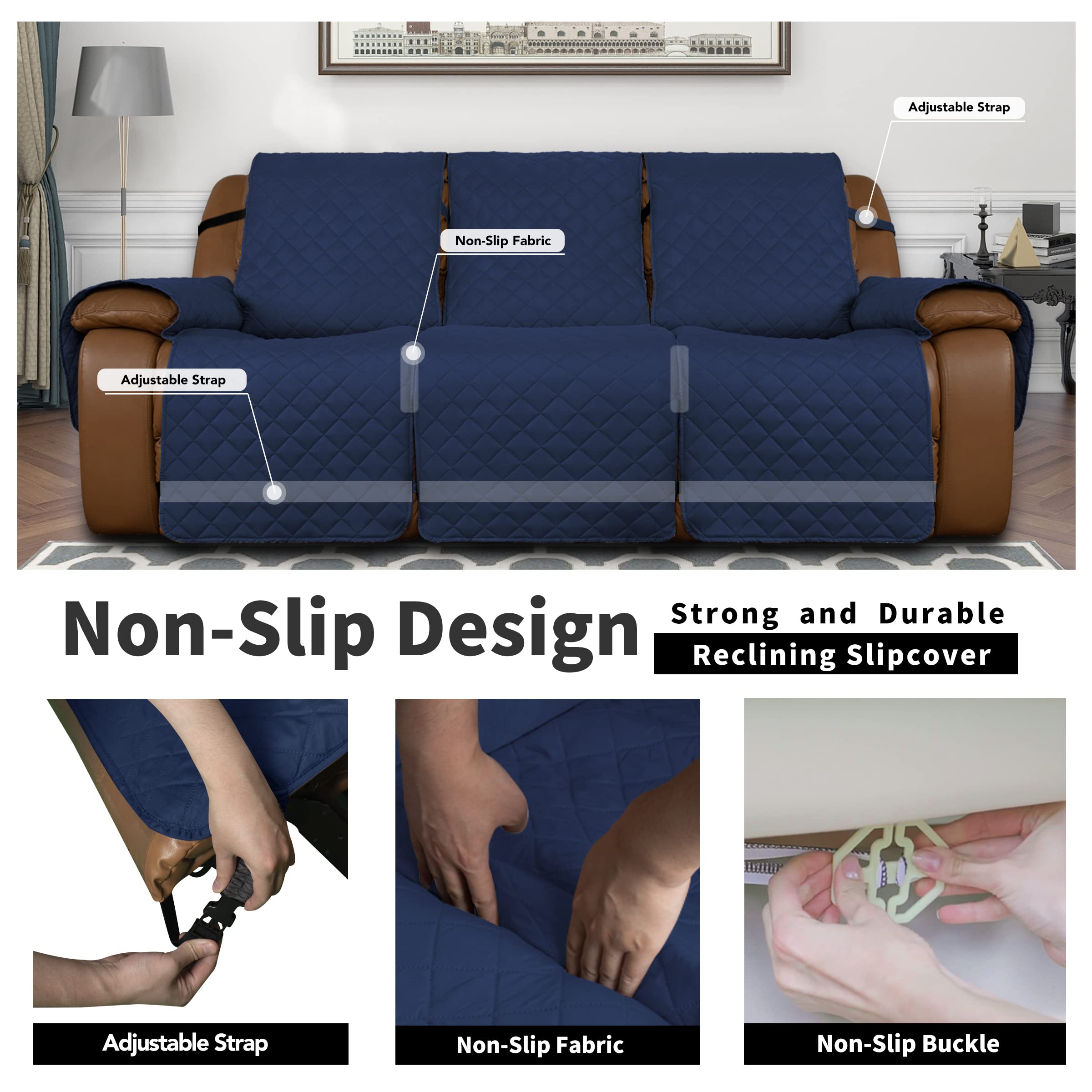 Easy-Going Oversized Recliner Sofa Cover, Reversible Couch Cover For 3 Seat Recliner, Split Sofa Cover For Each Seat With Elastic Straps For Kids, Dogs, Pets (3 Seater, Navy/Navy)