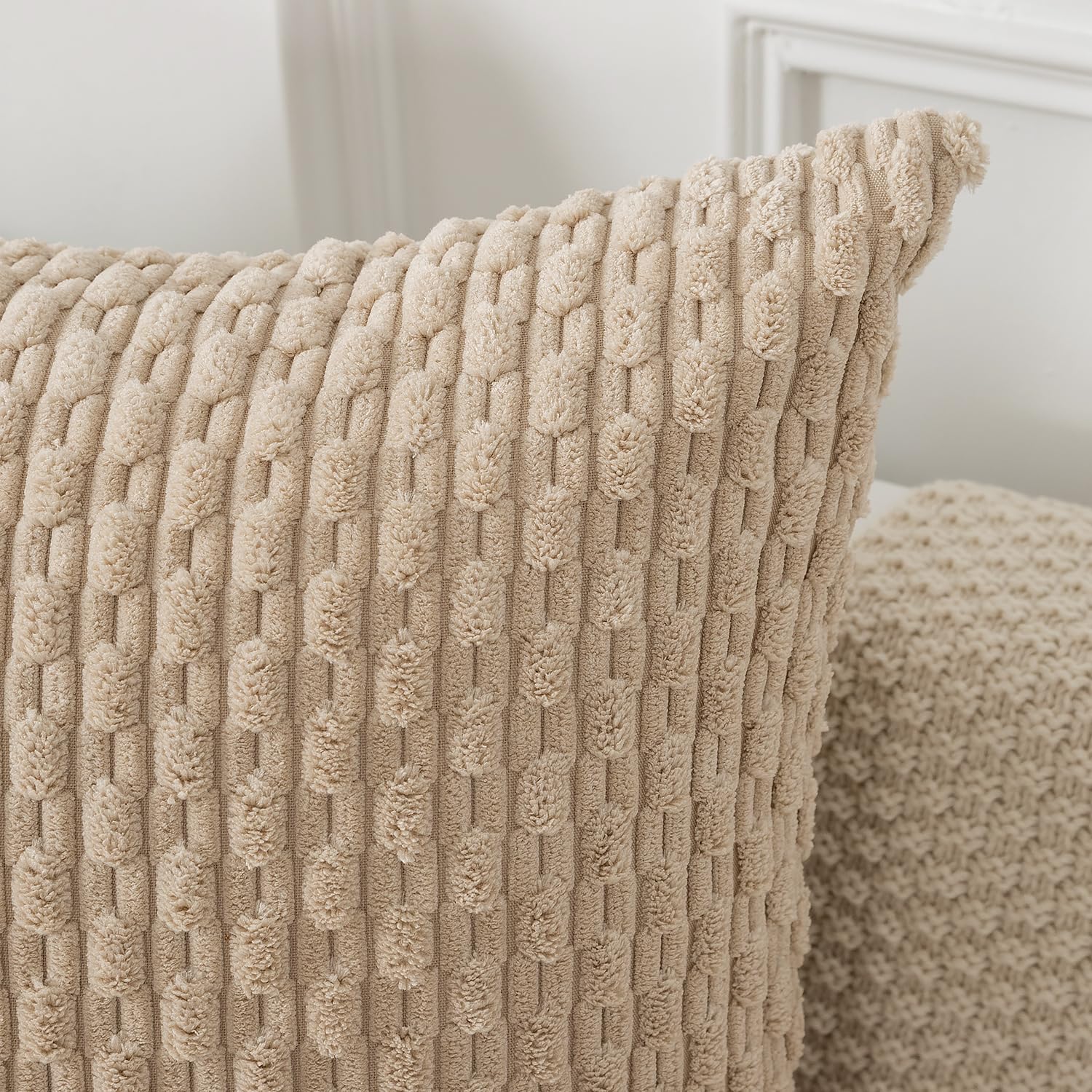 Kevin Textile Throw Pillow Covers Soft Corduroy Decorative Set Of 2 Boho Striped Pillow Covers Pillowcases Farmhouse Home Decor For Couch Bed Sofa Living Room 18X18 Inch Beige