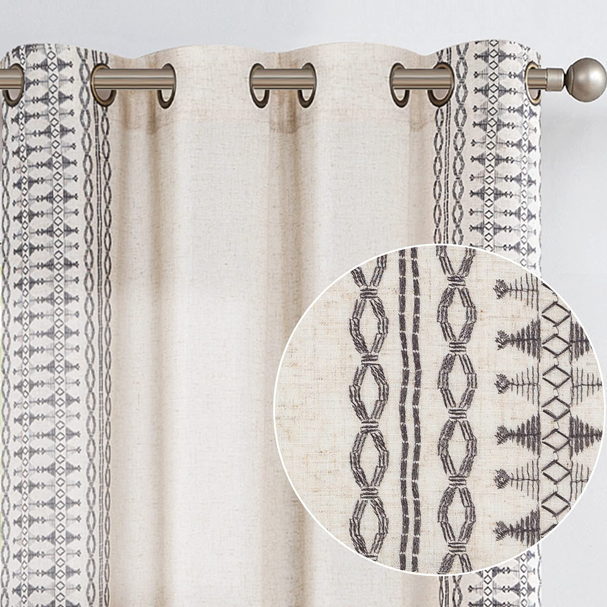 Lazzzy Gray Boho Linen Curtains For Bedroom Embroidered Bordered Window Curtains Living Room Drapes 96 Inch Long Light Filtering