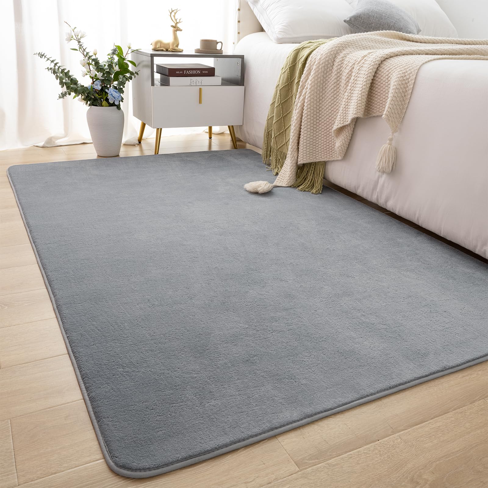 Softlife Washable Bedroom Rug, 4X6 Grey Area Rugs For Living Room, Soft Fluffy Fuzzy Carpet Bedside Rug Indoor Non-Slip Rug For