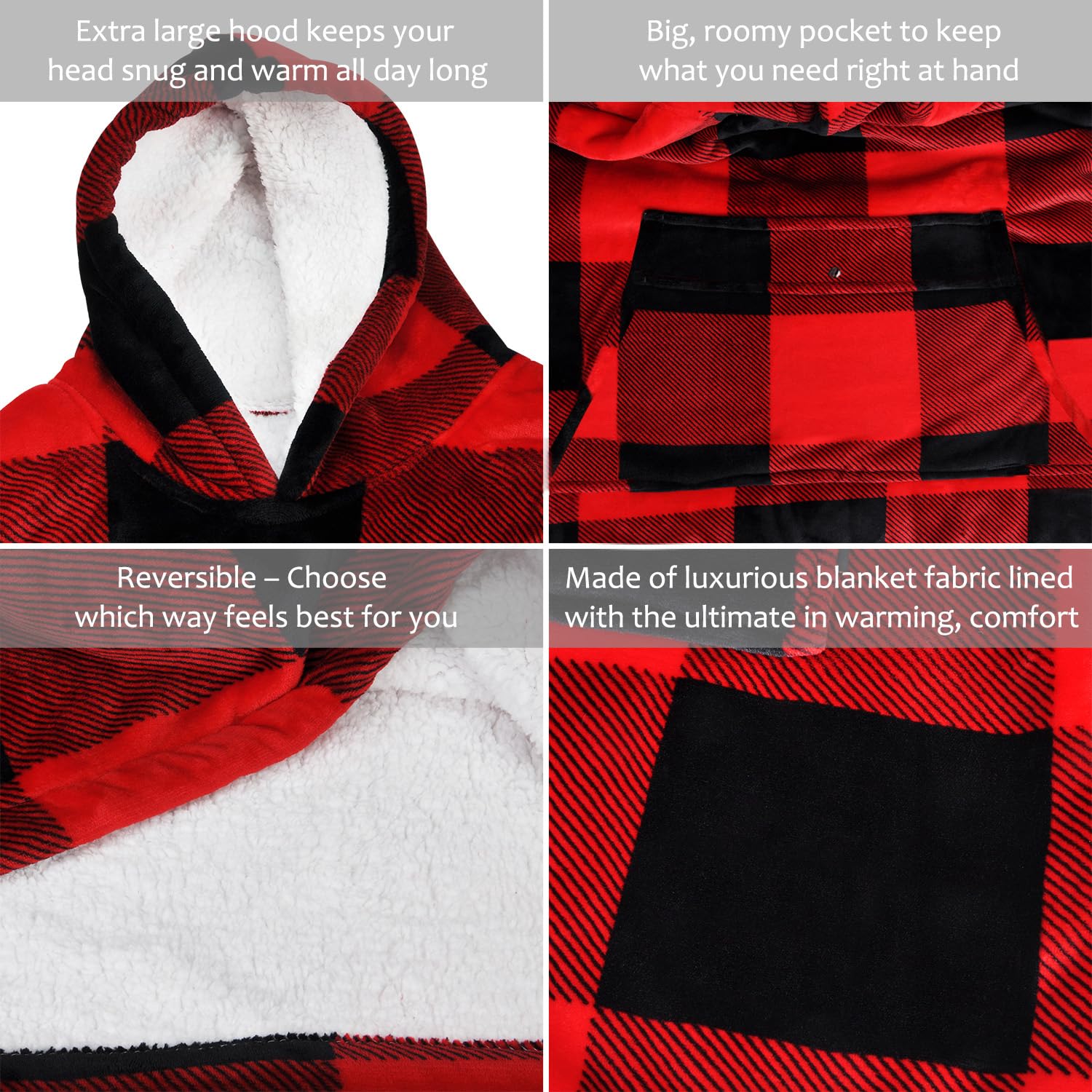 Catalonia Buffalo Plaid Oversized Blanket Hoodie Sweatshirt, Wearable Sherpa Lounging Pullover For Adults Men Women Teenagers Wi