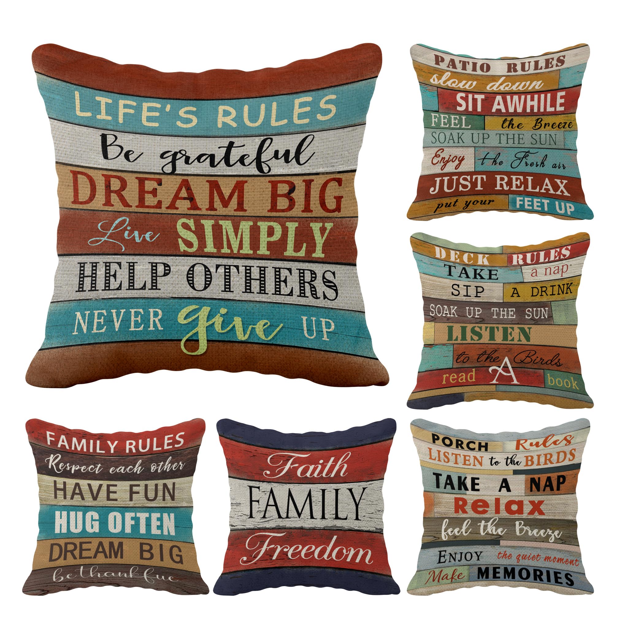 Porch Patio Deck Family Life'S Rules Throw Pillow Case, 18 X 18 Inch Set Of 6, Front Porch Bench Decorations, Housewarming Gift,
