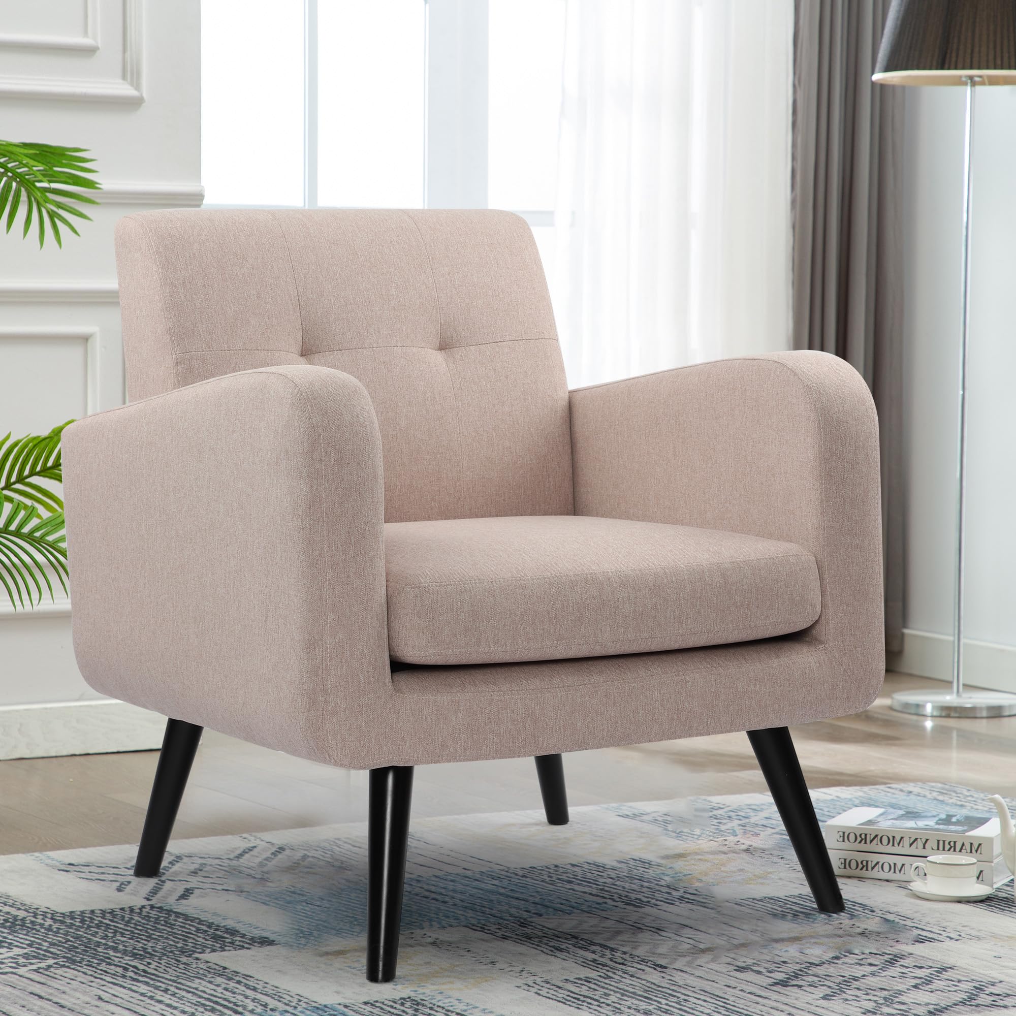 Lsspaid Modern Accent Chairs, Upholstered Fabric Cozy Armchairs, Living Room Side Chair With Solid Wood Legs, Beige