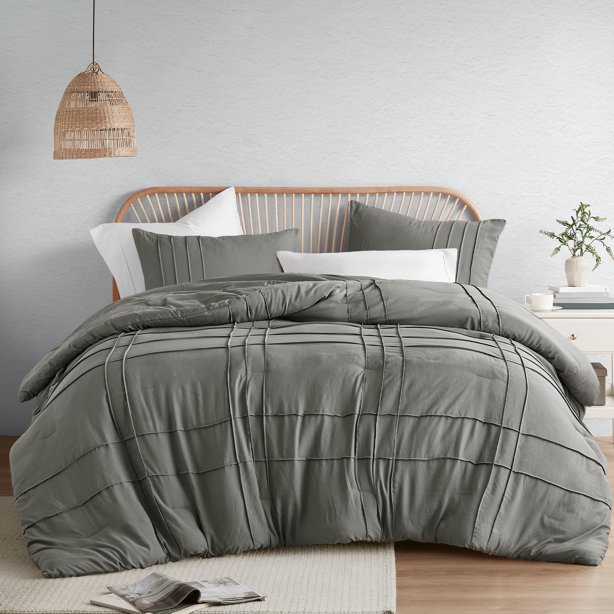 Comfort Spaces Grey Full Size Comforter Set - 3 Pieces Pintuck Pleated Bedding Set, All Season Lightweight, Extra Softness Pre-W