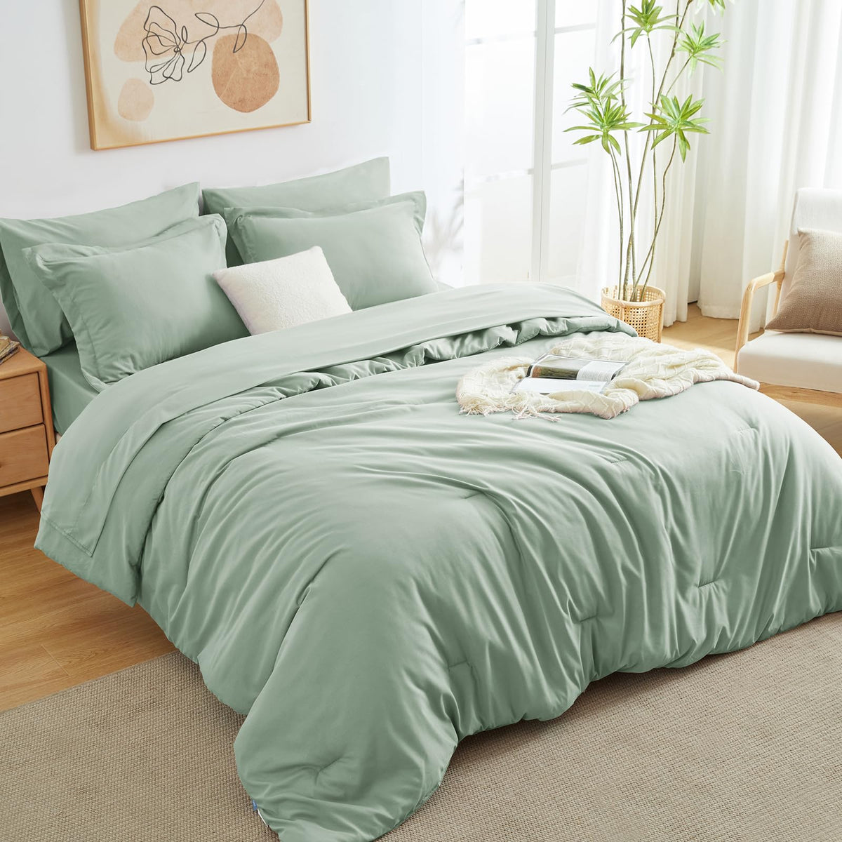 Cozylux Queen Comforter Set 7 Pieces Bed In A Bag Queen, Sage Green Bedding Comforter Set With Sheets All Season, 7Pc Bed Sets With Comforter, Fitted Sheets, Flat Sheets, Pillow Shams And Pillowcases