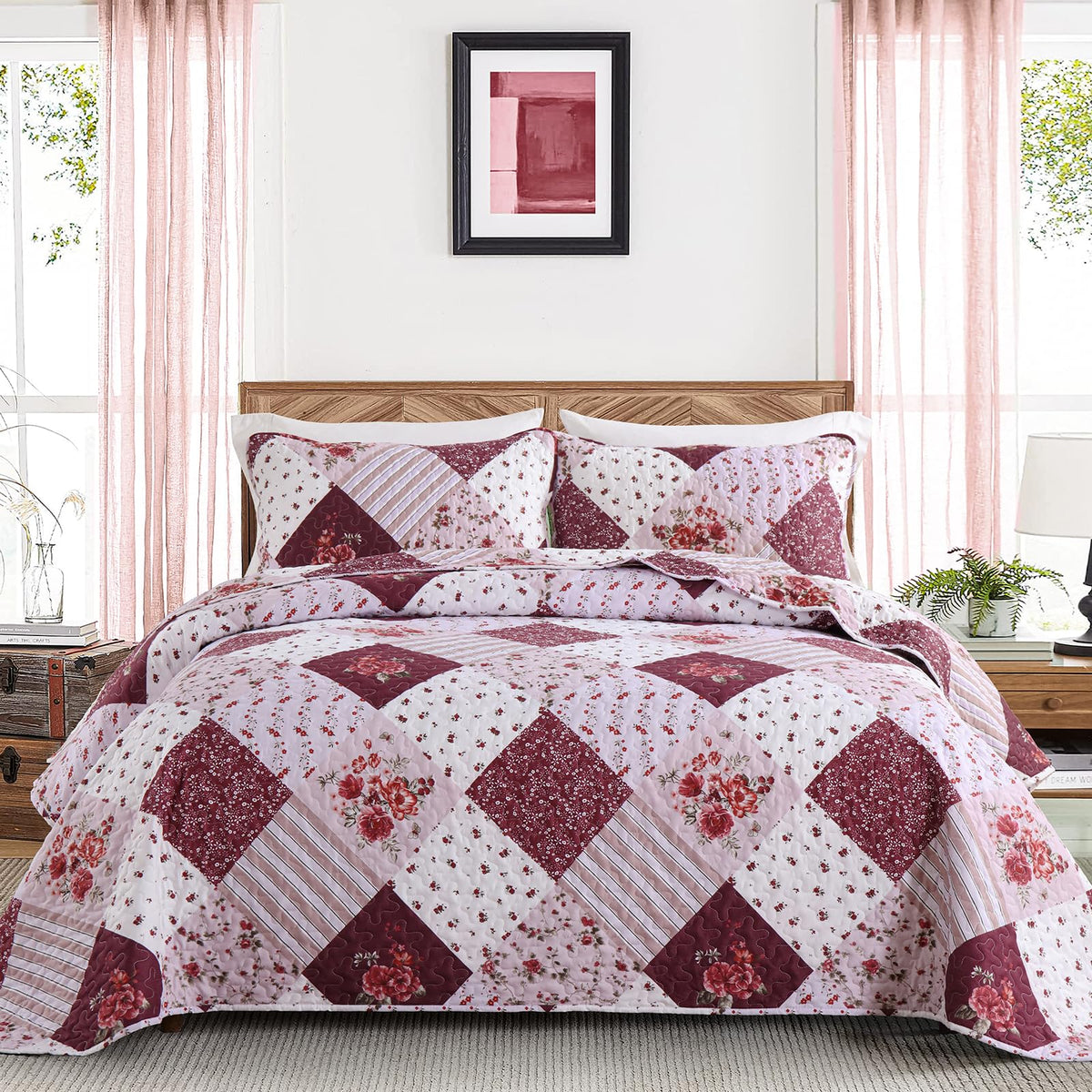 Dinjoy Pink Quilt Set King Size, Reversible Floral Plaid Patchwork Pattern Bedding Set Pink Purple Soft Microfiber Lightweight B