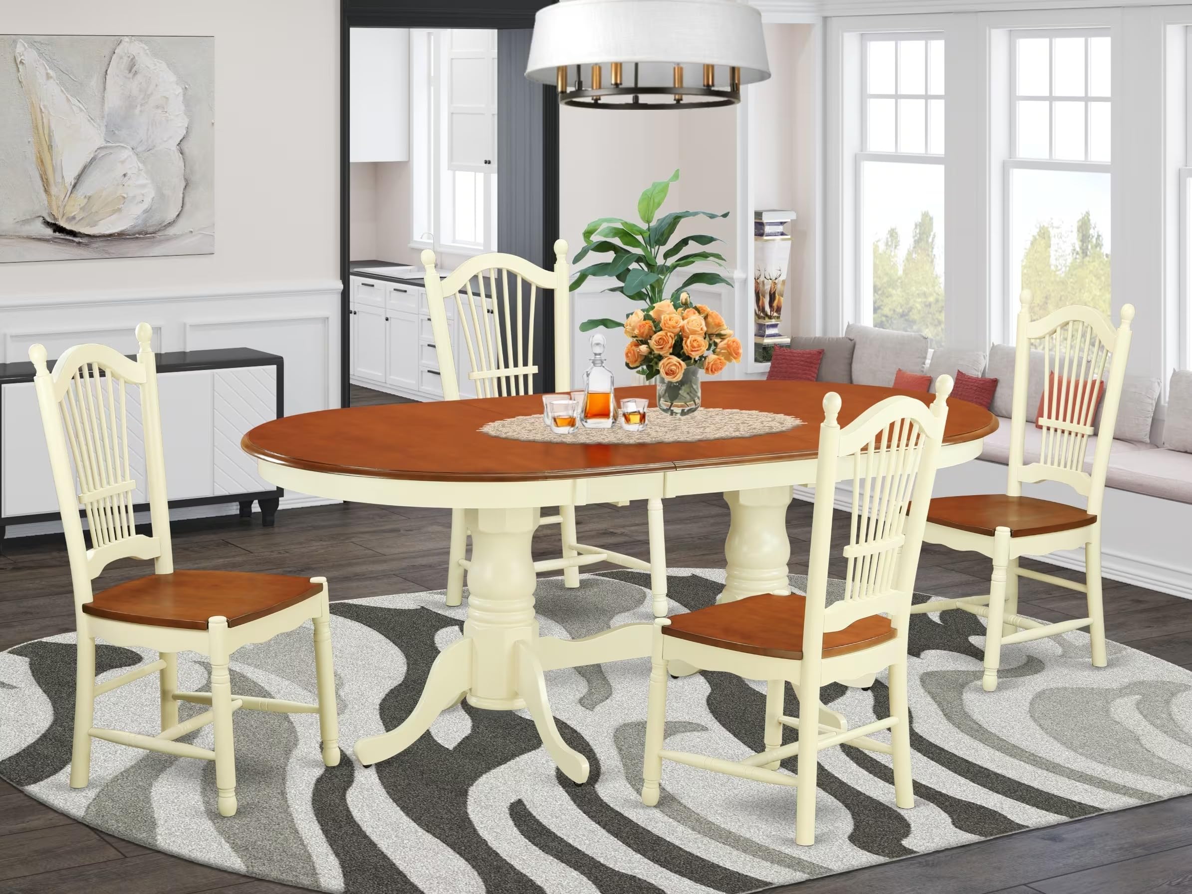 East West Furniture PLDO5-WHI-W 5 Piece Modern Dining Table Set Includes an Oval Wooden Table with Butterfly Leaf and 4 Dining Chairs, 42x78 Inch, Buttermilk & Cherry