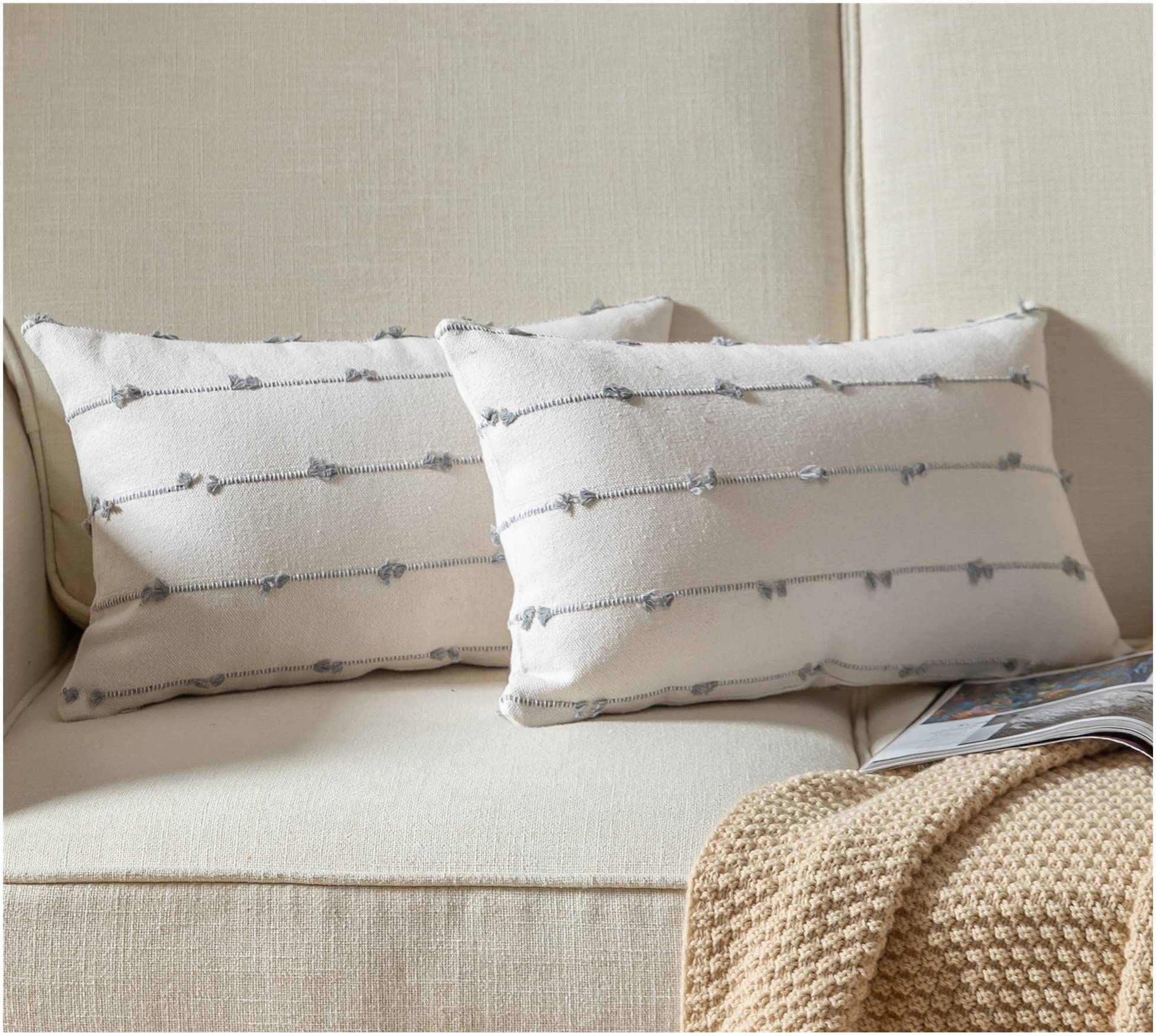 Caflife Boho Throw Pillow Covers 12X20 Inches Beige And Grey, Set Of 2 Modern Farmhouse Decorative Pillow Covers For Couch Bed,