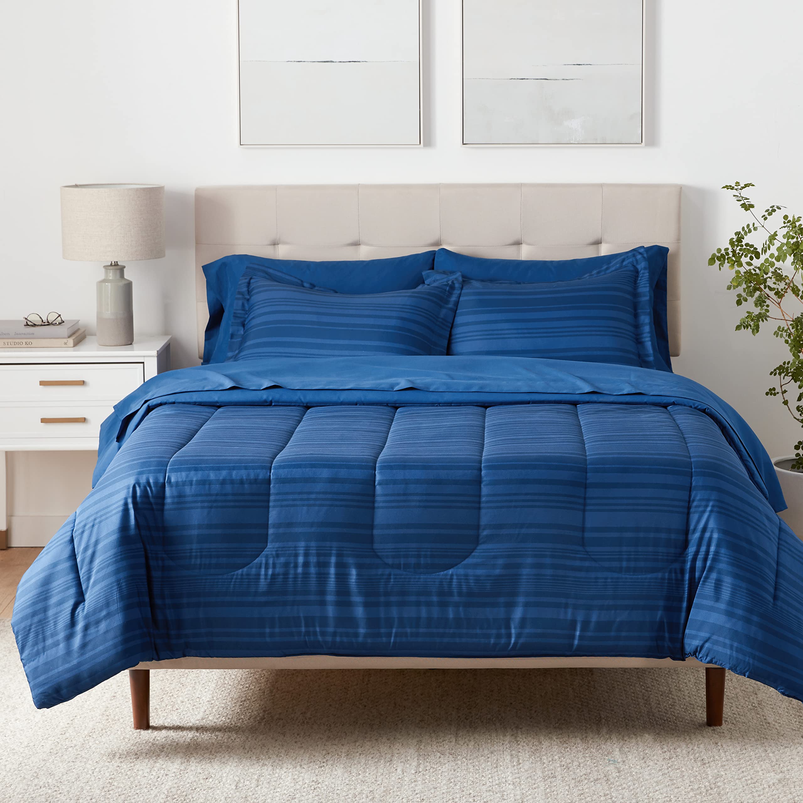 Amazon Basics Full/Queen Comforter Set with Sheets, 5-Piece Blue Calvin Striped Bedding, Lightweight Microfiber Bed-in-a-Bag